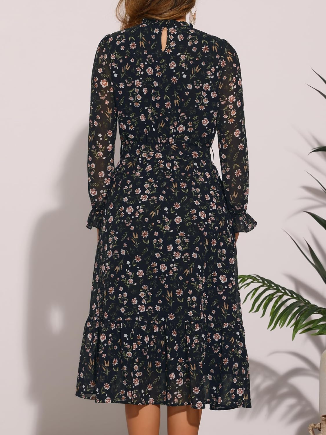 Allegra K Fall Casual Floral Dress for Women 2025 Long Sleeve Crew Neck Chiffon Midi Tea Party Ruffle Dresses - Image 2