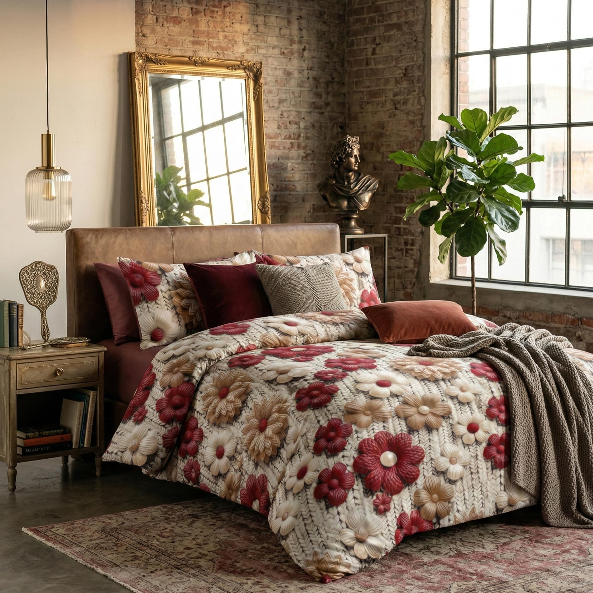 LOOMLYFE 300 TC Microfiber XXL Soft Cotton Super King Size Bedsheet for Double Bed, King Size 108 Inches X 108 Inches, 9 Feet, 275 X 275 cm with 2 Large Size Pillow Covers - MaroonBigFlower