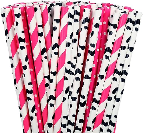 Whaline 100 popotes de papel desechables para fiesta de vaca, color negro, blanco, rosa, para primavera, boda, baby shower, suministros de jugos,