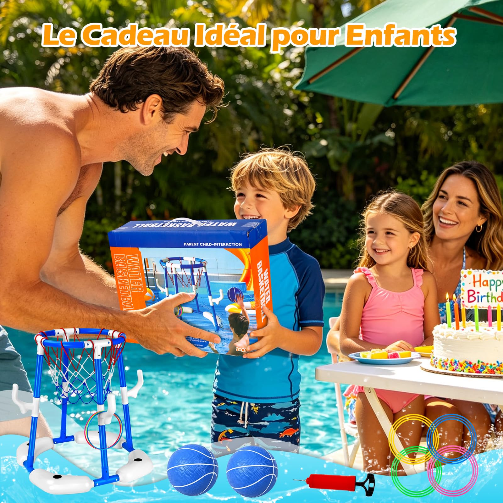 Panier Basket Flottant, 2-en-1 Panier Basket Piscine, Ensemble de Basketball à Eau avec 2 Ballons, 12 Anneaux et Pompe, Jouets Basketball Aquatiques pour Enfants et Adultes