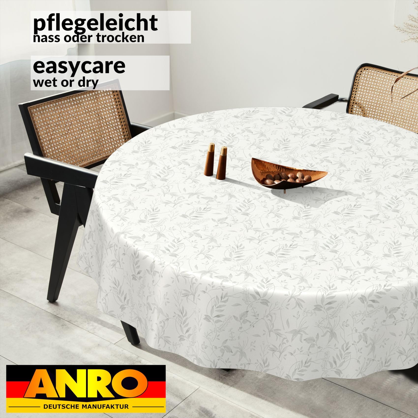 ANRO Oilcloth Tablecloth, Washable, Oilcloth, Garden Tablecloth, Outdoor, Indoor, Round, 140 cm, Cut Edge, Leaves, Grey - Image 4