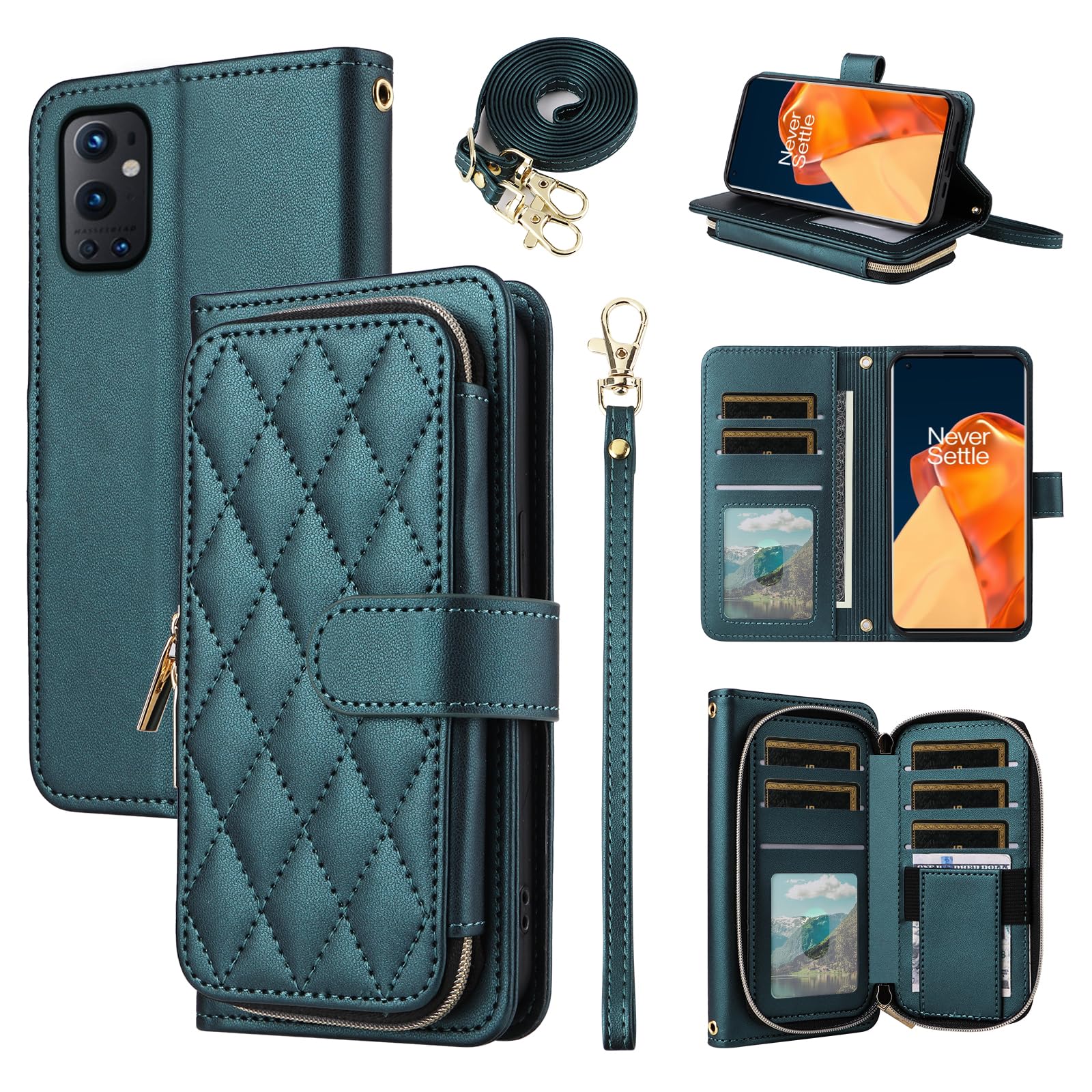 Furiet Argyle Wallet Case for OnePlus 9 Pro One Plus 9Pro 5G with Wrist Strap Shoulder Strap, 9+ Card Slots Zipper Purse Stand Checkered Cell Phone