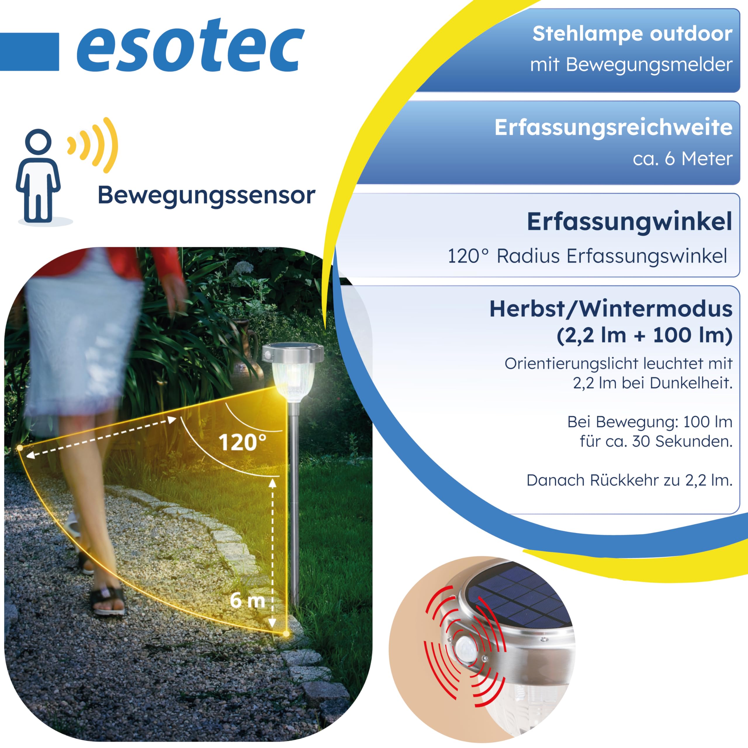 esotec Solar Wegeleuchte mit Bewegungsmelder ASINARA, steckbare Gartenbeleuchtung für außen, DUO COLOR warmweiß kaltweiß, Edelstahl H70cm 102530
