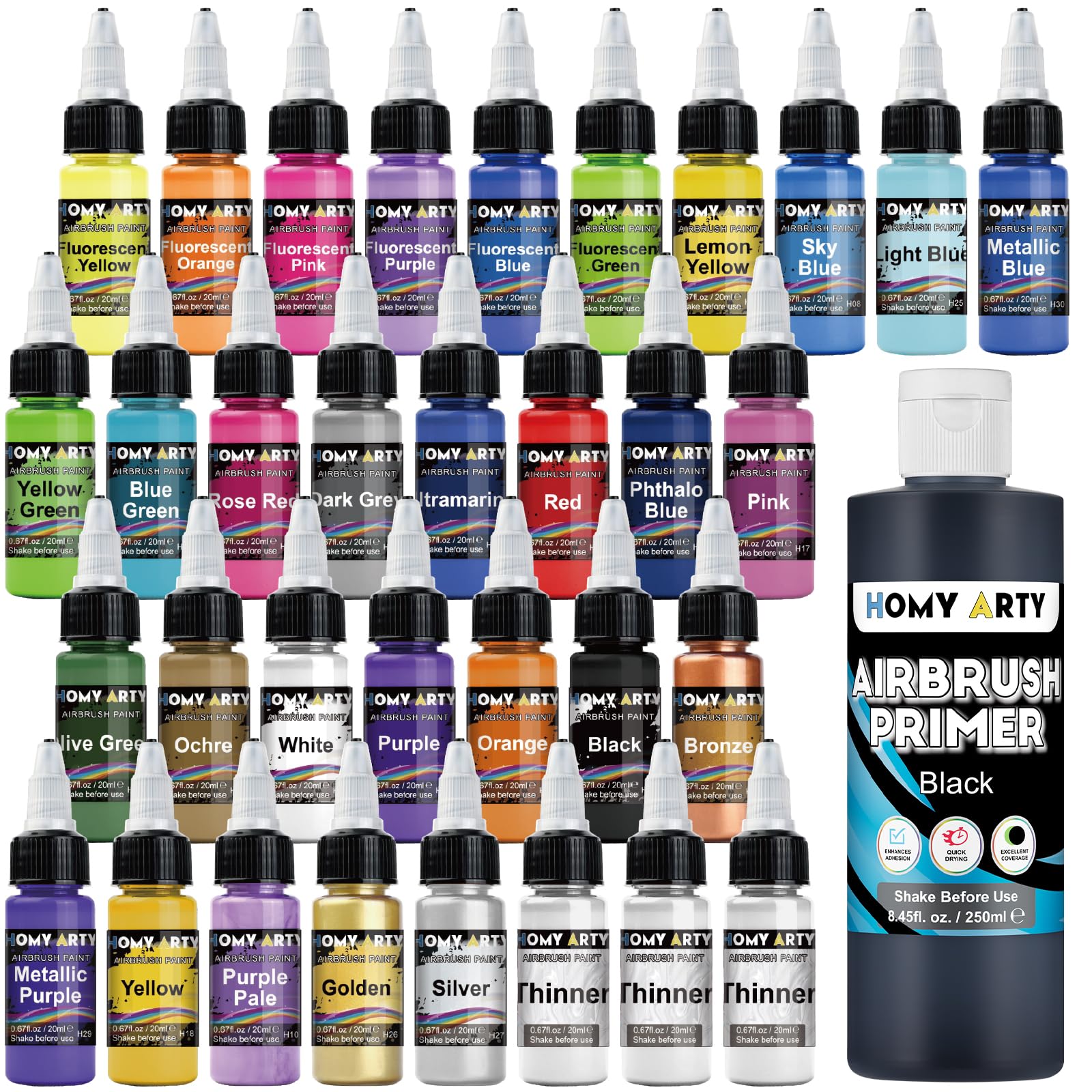 HOMY ARTY Airbrush Farbe Set - 30 Farben mit 3 Verdünner & 250 ml Schwarzem Primer, Sofort Spritzfähige Acrylfarbe, Wasserbasiert und Hervorragende Haftung für Kunststoff, Metall, Leinwand, Holz
