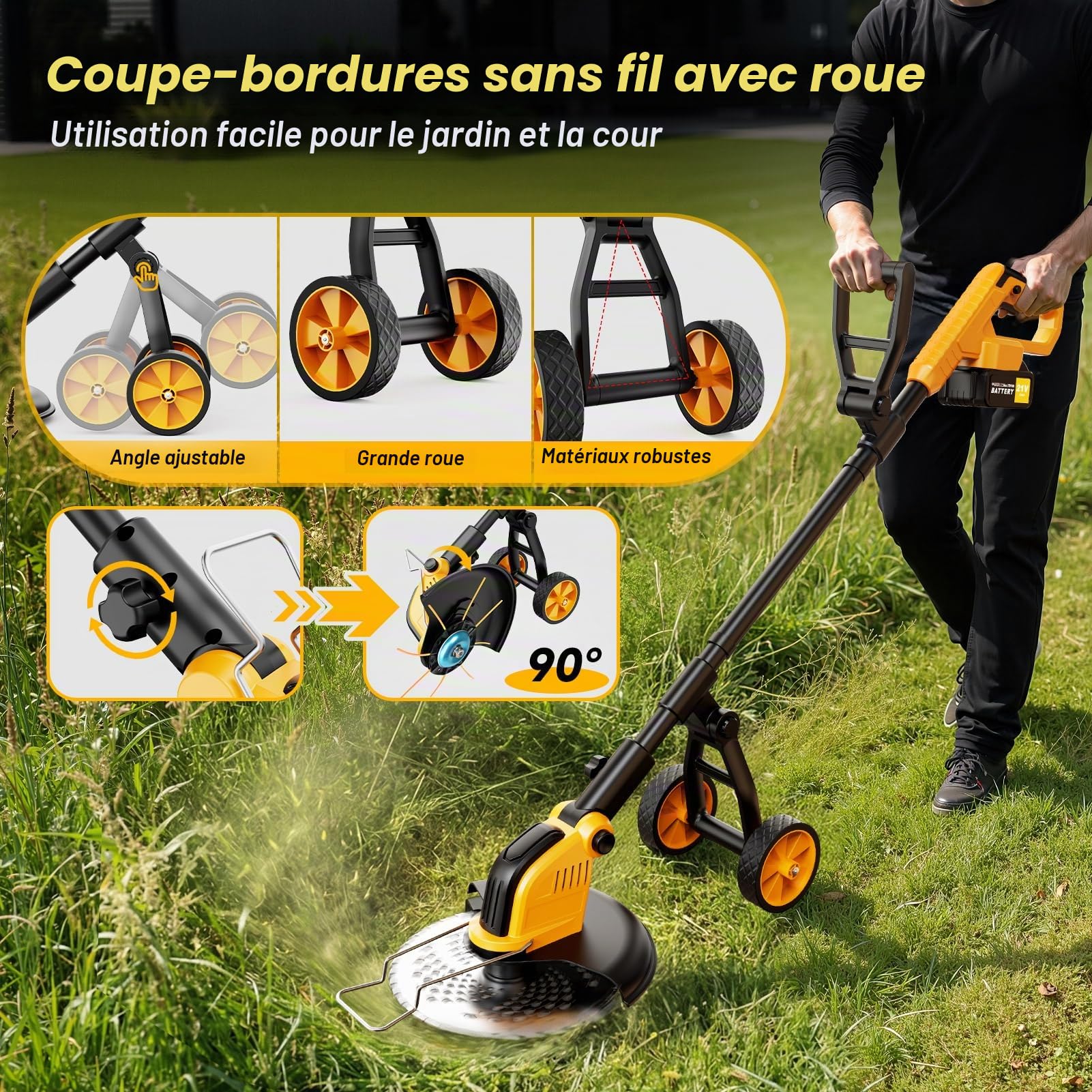 Débroussailleuses Electrique sans Fil avec Roue,Akku Rasentrimmer,30CM Coupe Bordures sans Fil avec 2 * 3.0Ah Batterie et Chargeur&4 Types Lames,Moteur Brushless 800W