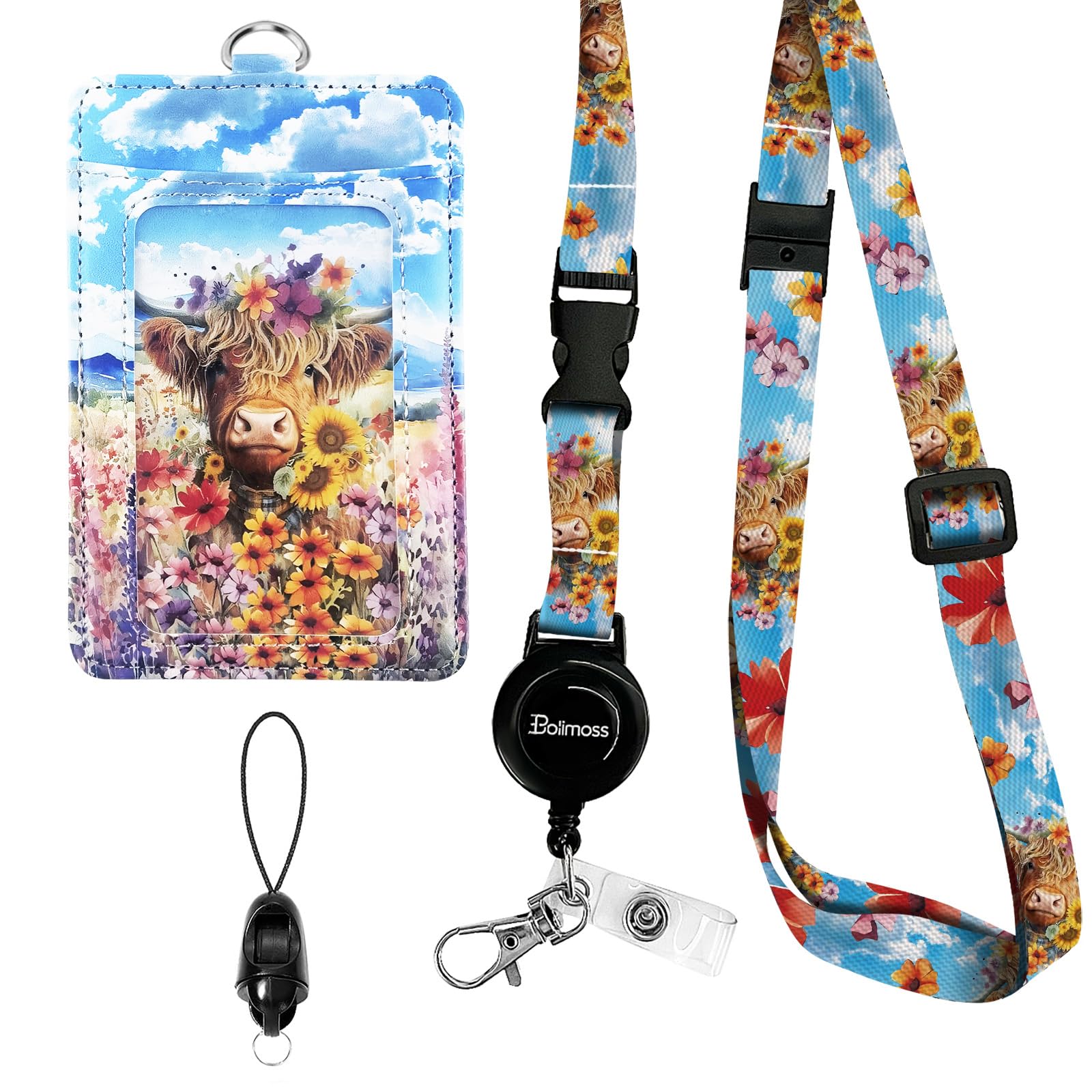 bolimoss Highland Cow Badge Holder and Adjustable Retractable Lanyards, Cute Lanyard for ID Badge Card, Breakaway Neck Lanyards with Badge Reels Quick-Release Buckles with Leather Card Badge Holders โ image 1