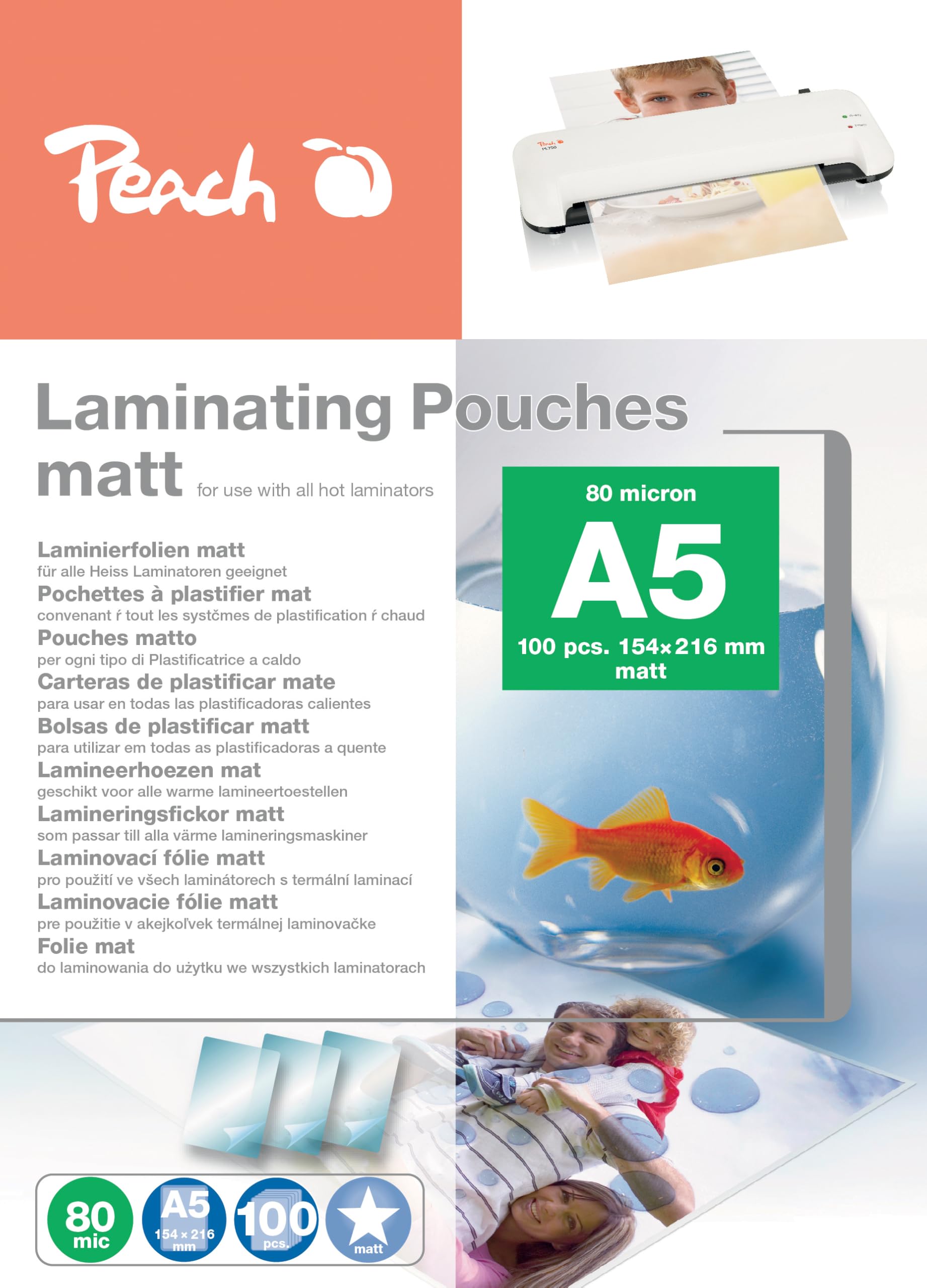 Peach Pellicole per laminazione A5 – 80 mic – 100 pouches – Opaco – scrivibile – Qualità premium per i migliori risultati di laminazione – Compatibile con dispositivi di tutti i produttori –