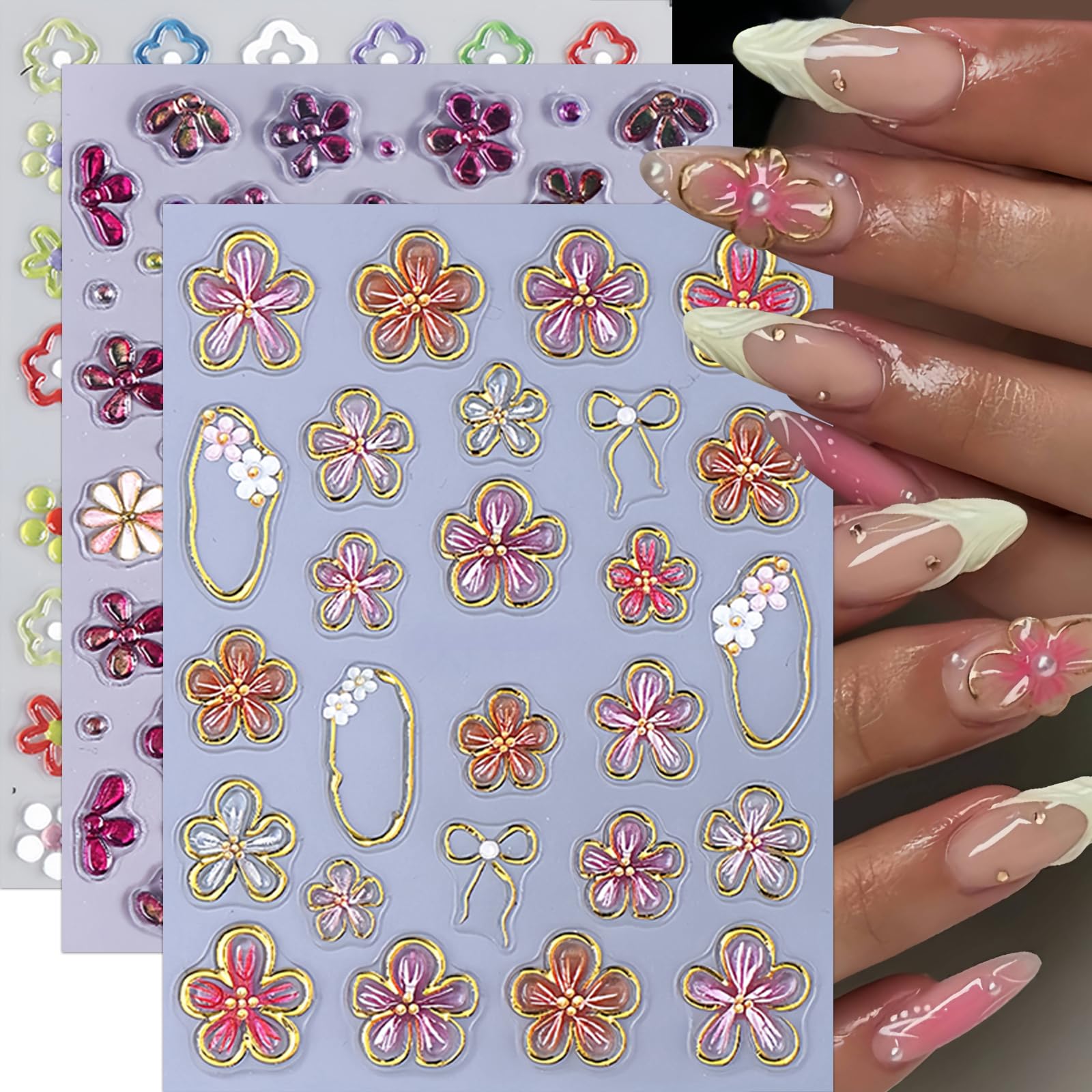 3 Sheets Flower Nail Art Stickers, 5D Embossed Hibiscus Flower Nail Decals Jelly Floral Self Adhesive Relief Purple Daisy Nail Design Nail Supplies