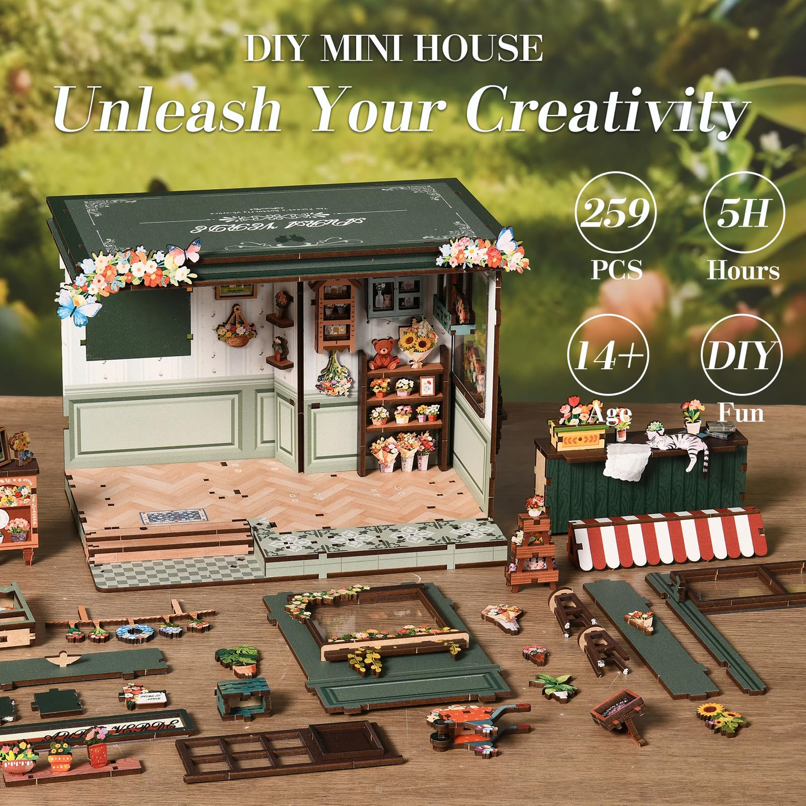 Kit fai da te in miniatura per adulti e ragazzi, decorazione per la casa con scena di negozi di fiori, mini decorazione per la casa, con interruttore touch, puzzle in legno 3D regalo per gli