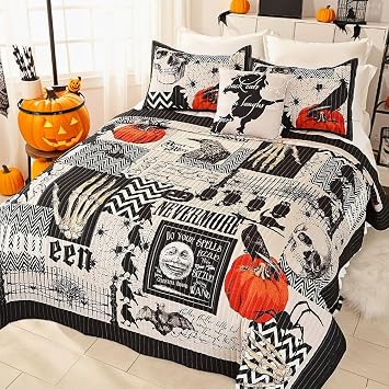 EVENHUG Halloween Quilt Set Queen Size Bedspread with Pillow Shams Festival Themed Bedding Sets Pumpkin Ghost Coverlet 4 Piece 90"x90"