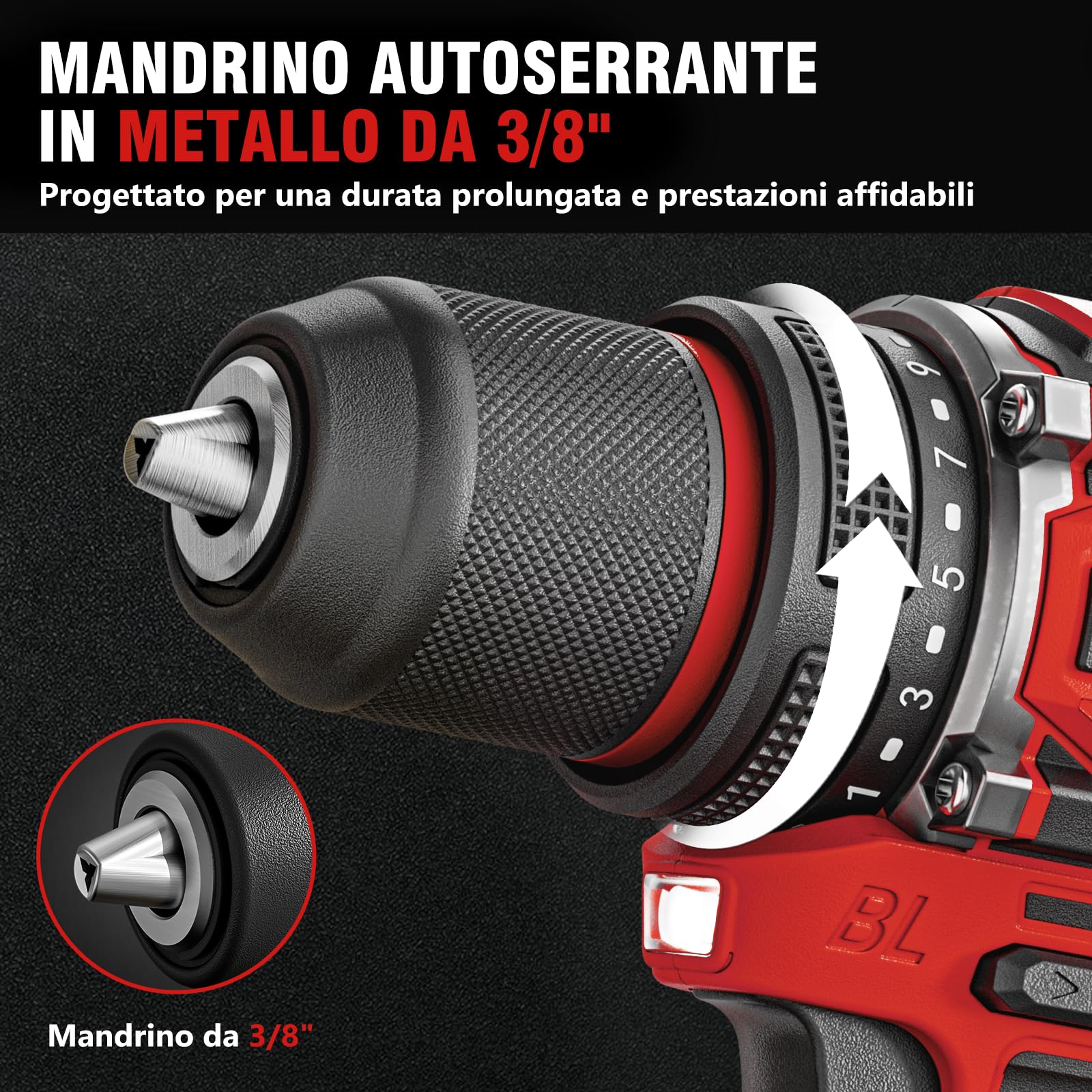 Alloyman Trapano Avvitatore a Batteria 20V MAX, Motore Brushless, 1800 giri/min, Max 60 Nm, Mandrino metallico autoserrante 3/8", 21+1 livelli di coppia, Set Trapano per calcestruzzo, metallo e legno