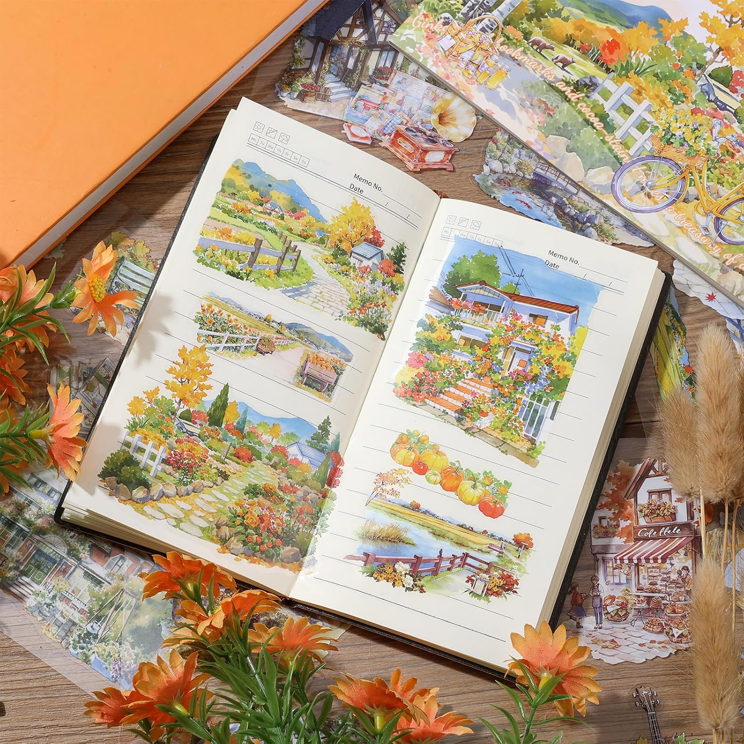 PET Autumn Sticker 20 Sheets 150 Pre-Cut Fall Stickers for Scrapbooking Landscape Scrapbook Sticker Transparent Stickers for journaling image 4