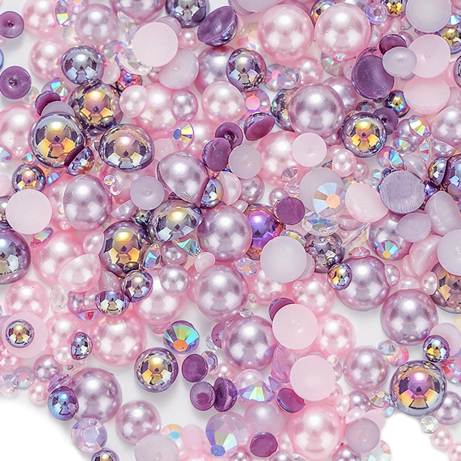 30g Mix Flat Back Pearls and Rhinestones, Mixed Size Pearls for Crafting Pink Purple Flatback Pearl Rhinestones for DIY Crafts Face Makeup Nail Art Clothes Shoes Cups (3mm-10mm)