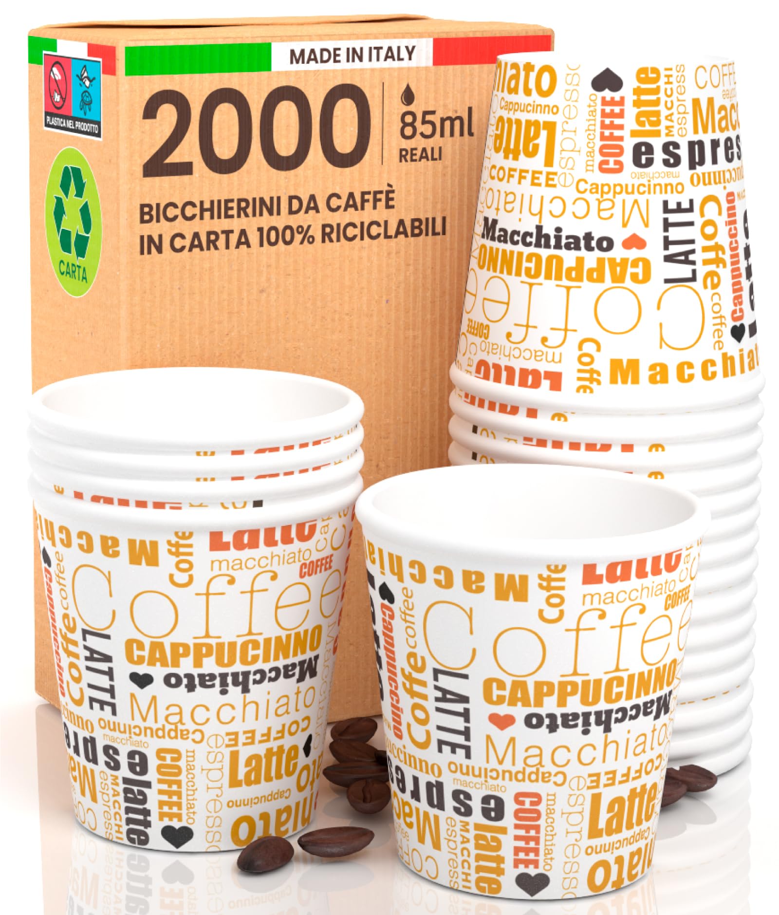 2000 Bicchierini in Carta per Caffè 85ml White Mocha Ecologici Biodegradabili Monouso Piccoli per Asporto Bevande Calde Bicchieri Made in Italy - Prodotto e Confezionato in Italia
