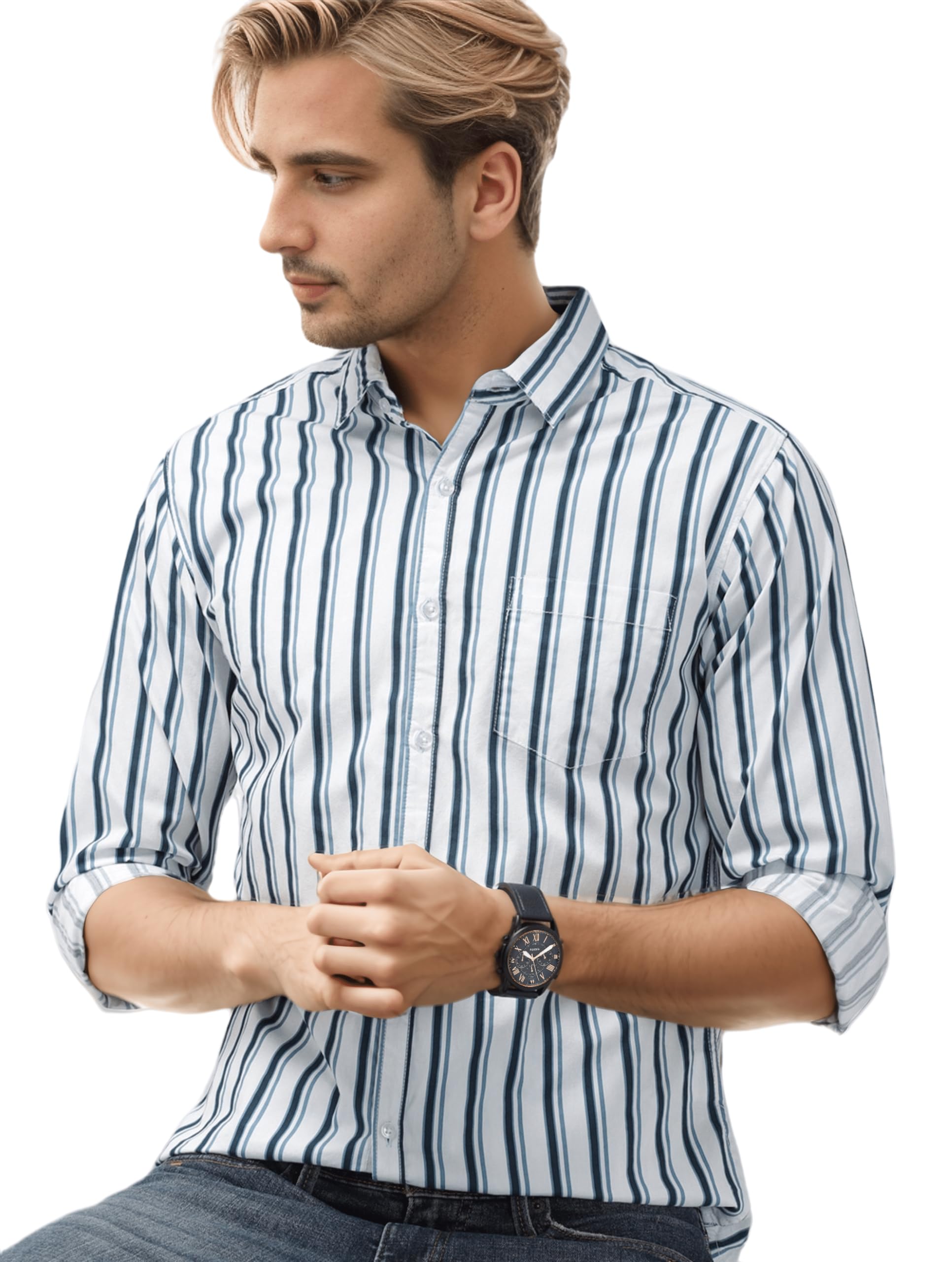 IndoPrimo Men's Cotton Shirt with Spread Collar Neck Line Striped Pattern Full Sleeves Regular Fit Western Style and Standard Length