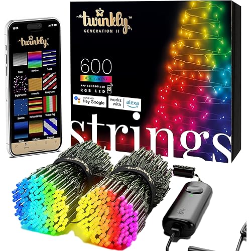 Twinkly Strings 600 LED RGB, Including White, LED Light String, Smart Multicolor LED Lights, Christmas Lights, Mappable LEDs, IP44, Green Wire, Packaging May Vary, 157.5ft