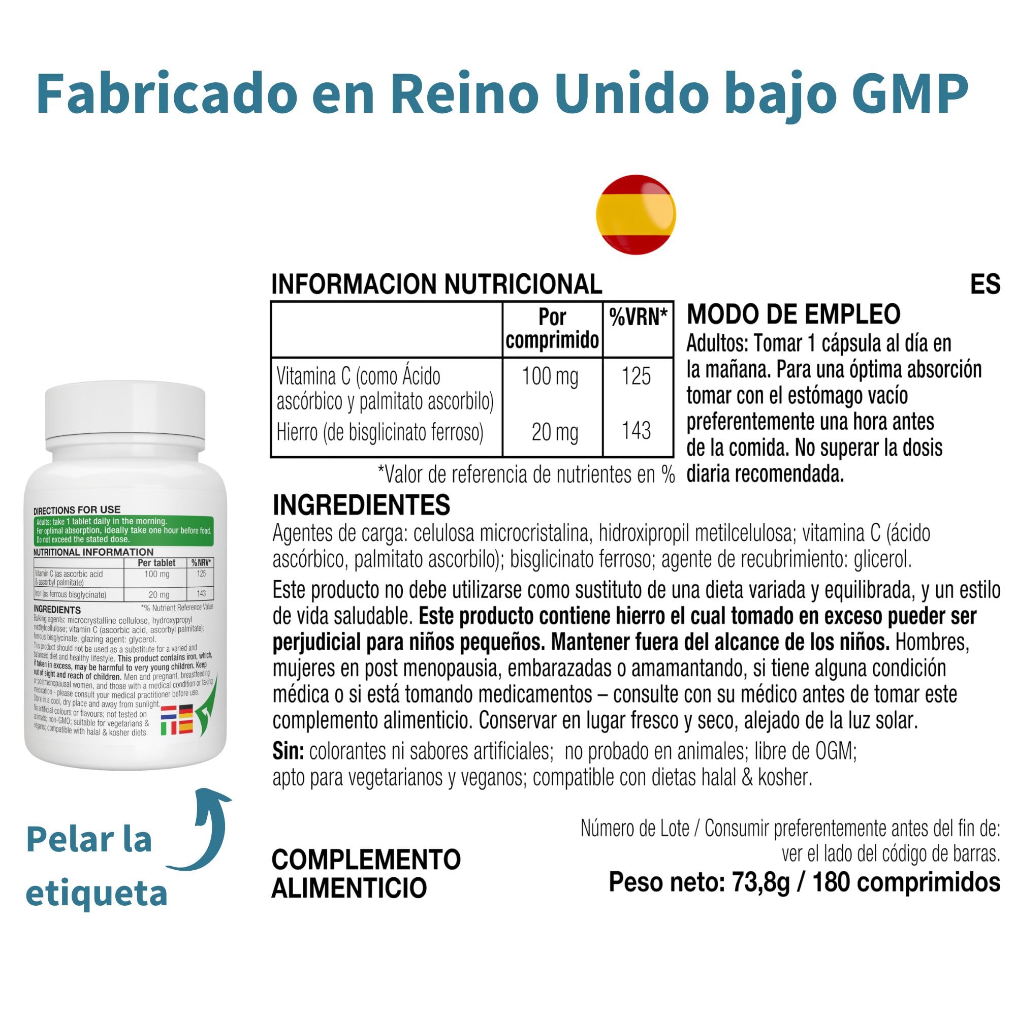 Igennus Bisglicinato de Hierro Quelado 20 mg con Vitamina C, 180 Comprimidos, Suministro para 6 Meses, Fórmula Limpia, Suave y de Liberación Controlada, uno al día, para Hombres y Mujeres, Vegano