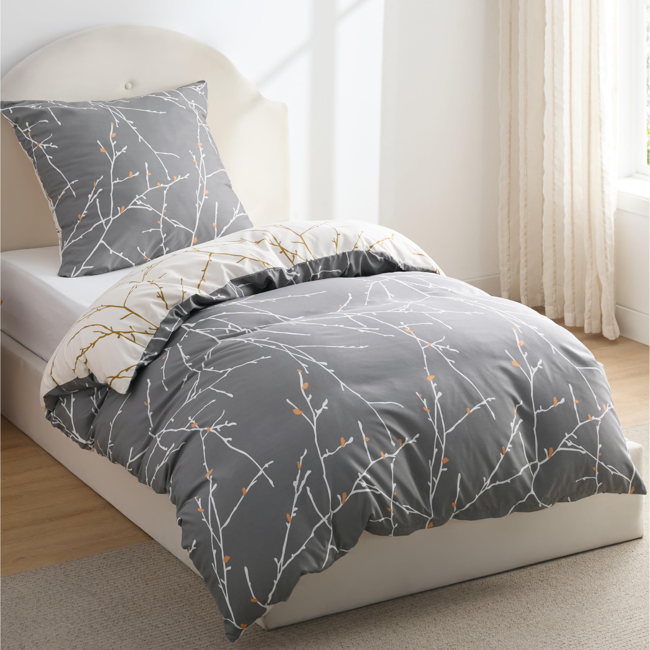 BEDSURE Bettwäsche 135x200 2teilig Mikrofaser - Grau Zweige, 1x80x80 Kissen | Bettwäsche-Sets Wendebettwäsche, Oeko-TEX Bedding mit Reißverschluss, Extra Weich &amp; Atmungsaktiv – Amazon Angebot