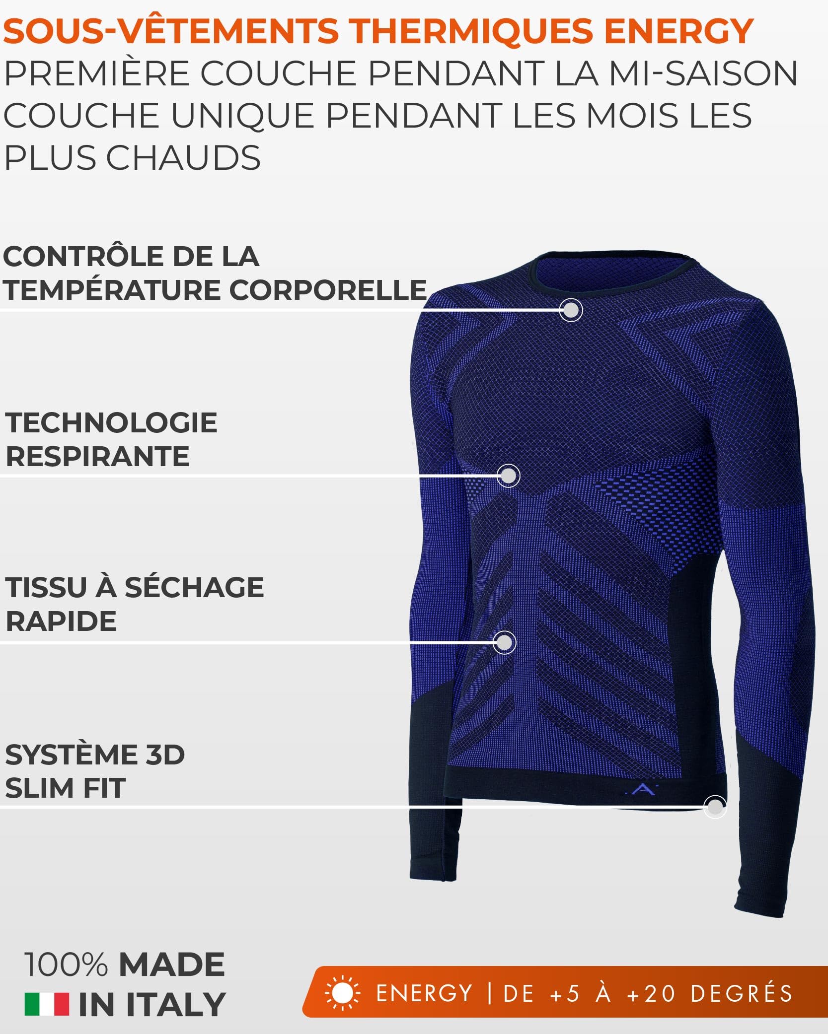 Risalti T Shirt Homme Thermique Manches Lounges Energy - sous Vetement Homme Thermique élastiques, Haut Thermique Homme Respirants, Tshirt Homme sans Couture - Made in Italy