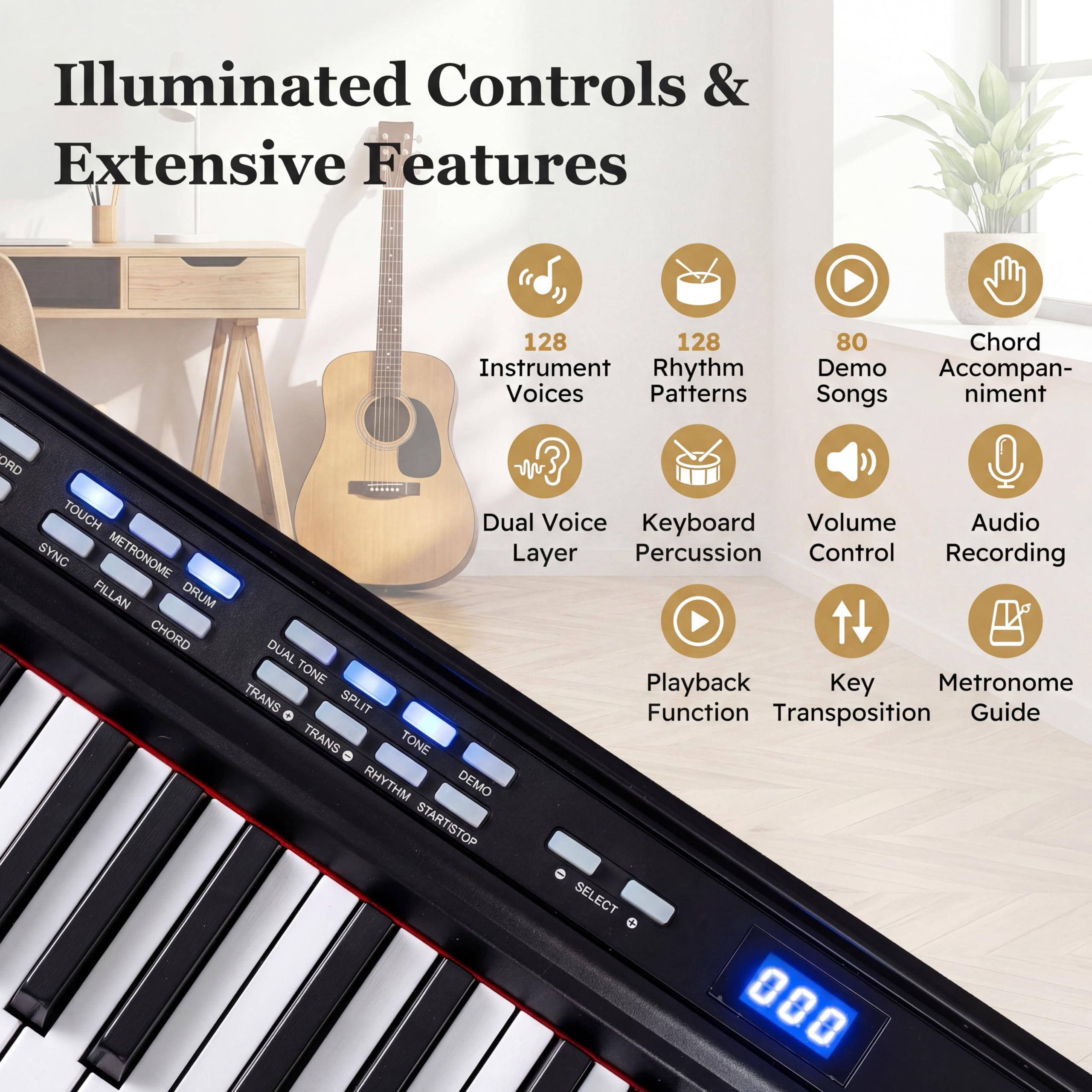 KOMFOTTEU Teclado de Piano de 88 Teclas, Piano Digital con Taburete, Soporte Ajustable, Auriculares, Teclado Electrónico con Teclas Iluminadas, Bolsa, para Principiantes, Adultos (Negro)