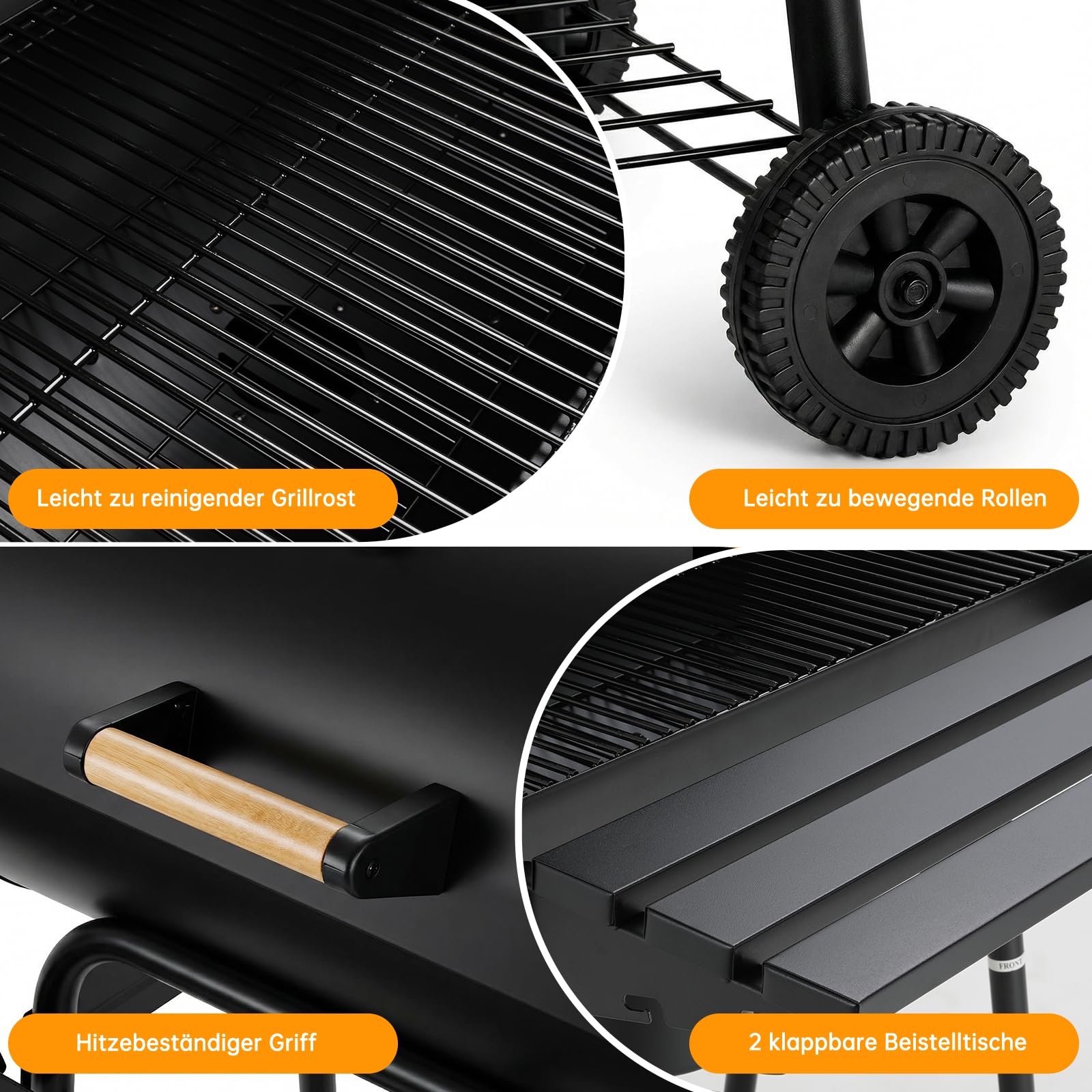 TLSUNNY Barbecue Charbon de Bois, Chariot à Grill avec Couvercle, Cheminée, Thermomètre, Bac à Cendres Amovible, Tablettes Pliables, 2PCS Roues, BBQ Fumoir pour Jardin et Camping, 6–8 Personen