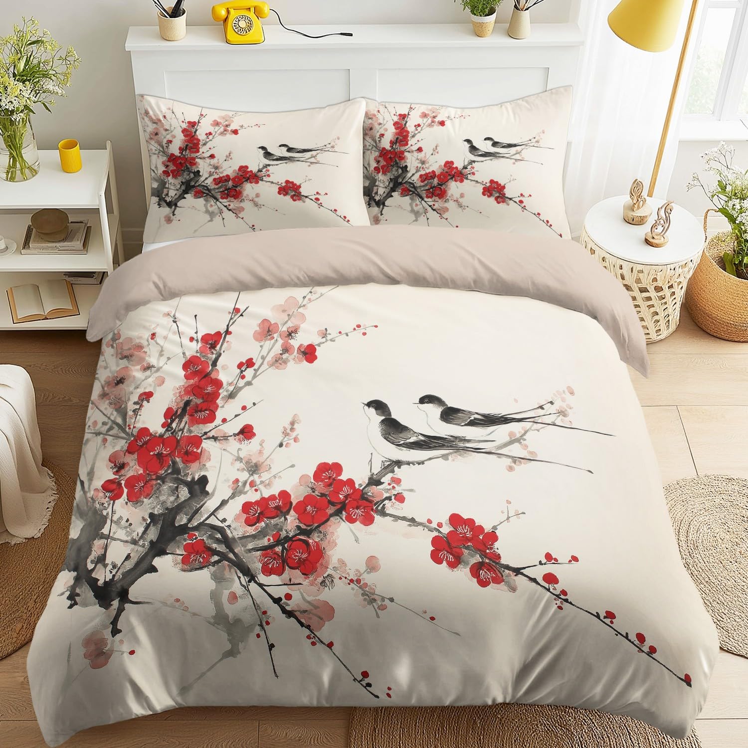 Poszwa na kołdrę 200 x 200 cm, eleganckie jaskółki kwiat śliwki dla amatorów sztuki, beżowy, chiński, miękki zestaw pościeli z mikrofibry z zamkiem błyskawicznym, łatwy w pielęgnacji