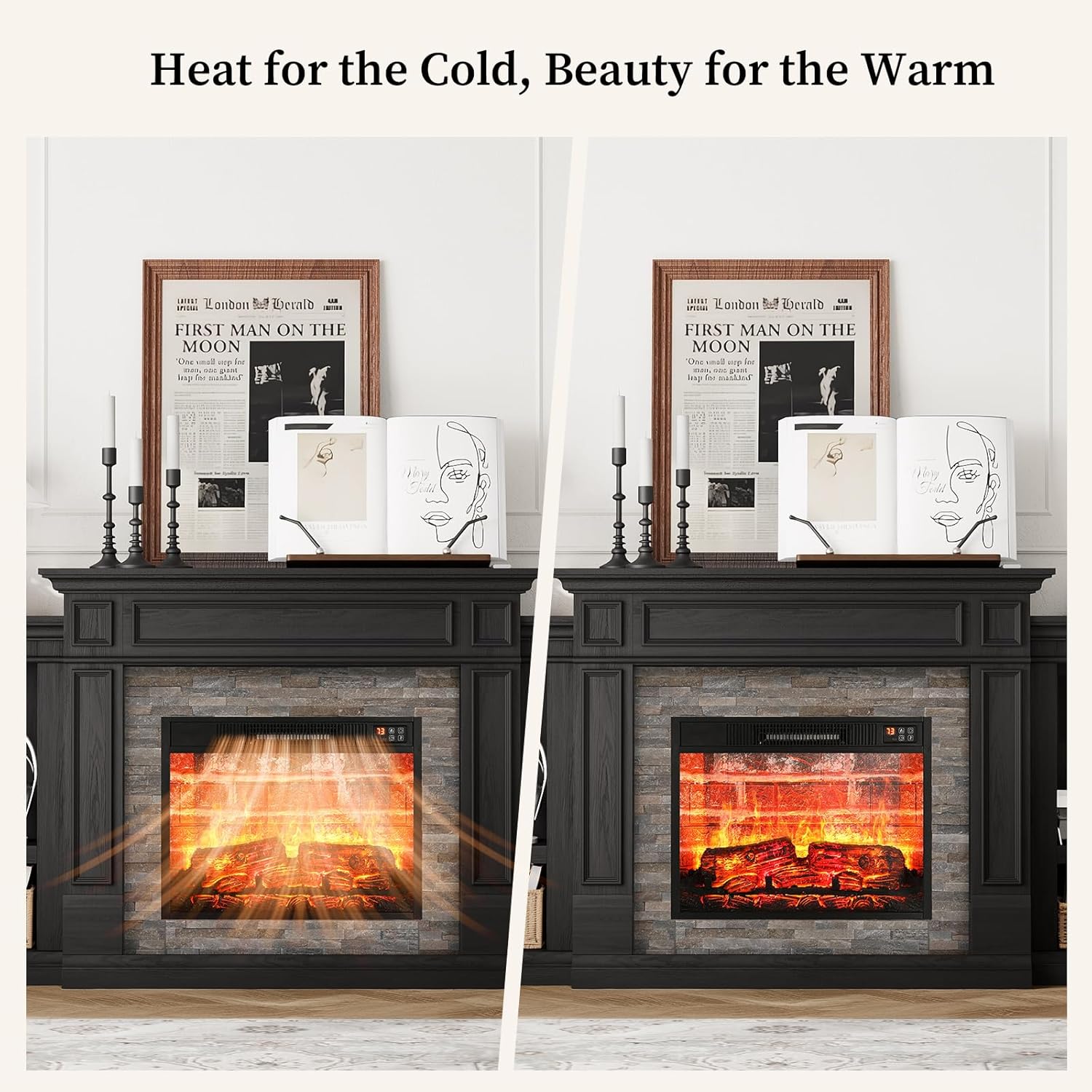Electric fireplace showing heat rays for cold weather and just flames for warm weather