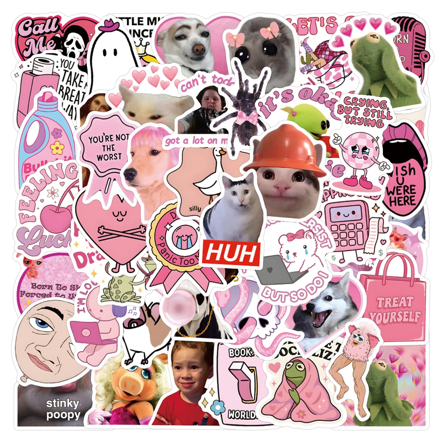 105 Pcs Funny Pink Stickers,Cute Laptop Stickers,Waterproof Stickers for Kids Adults,Cat Anime Meme Sticker,for Scrapbook,Skateboard,Water Bottle,Guitar,Luggage,Gift for Girls Teens
