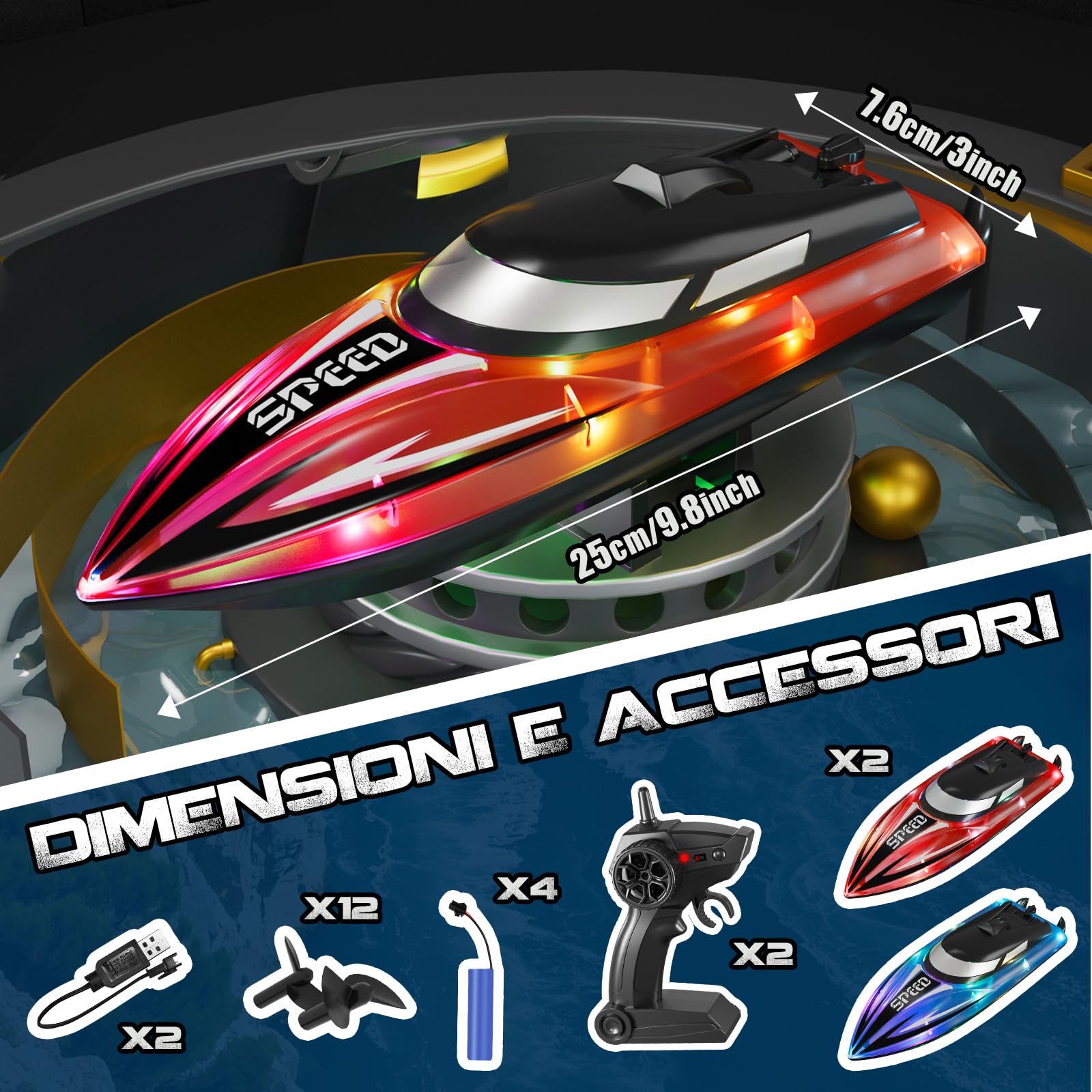 JONRRYIN Barca Telecomandata per Bambini, 2 Pezzi Impermeabile Barca Radiocomandata con Luce LED, 2,4 GHz Barca RC per Piscine e Laghi per Adulti e Bambini (Rosso+Blu)