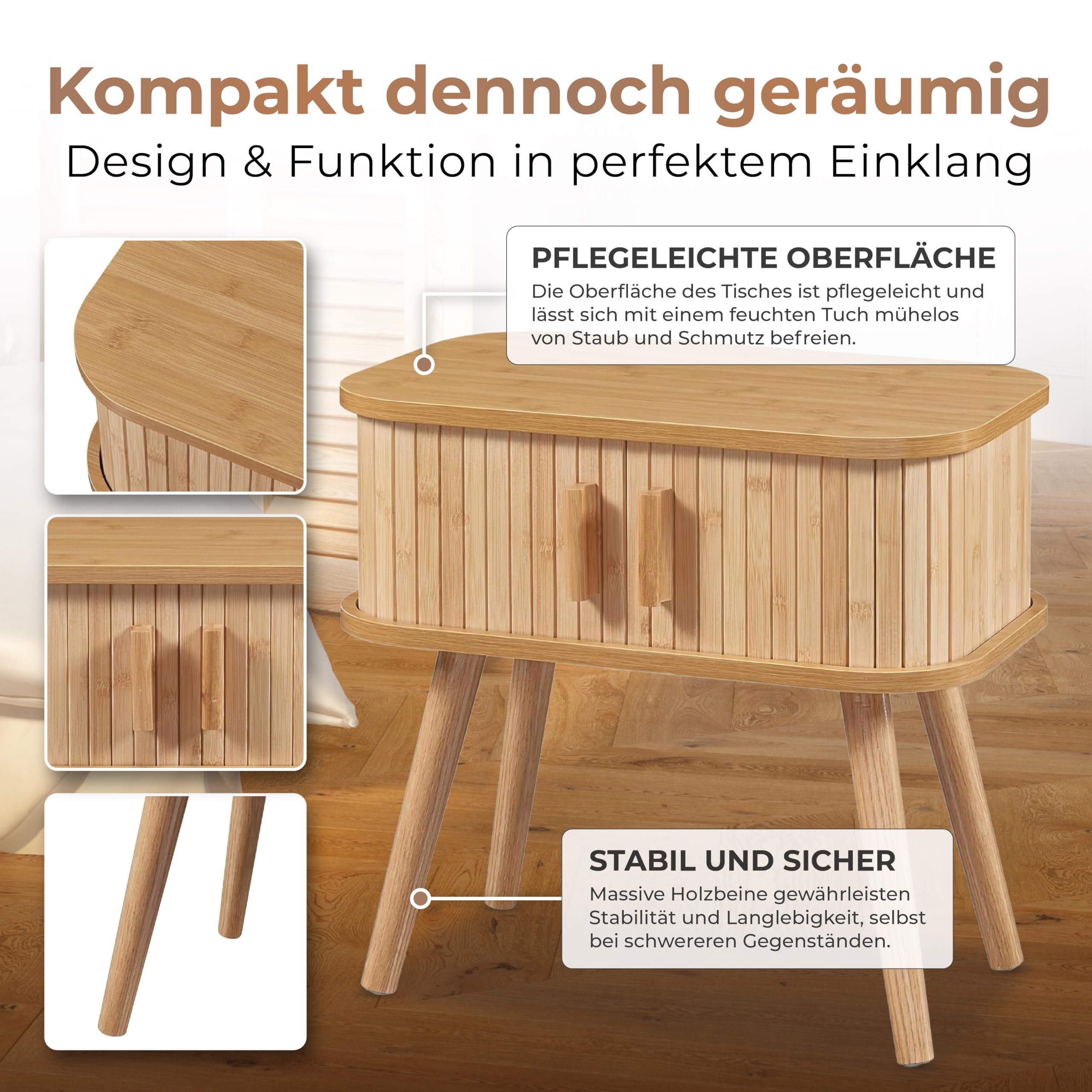 [en.casa] Nachttisch Nordkapp Beistelltisch mit 2 Schiebetüren Bambus Nachtschrank Sofatisch Holzbeine Nachtkästchen 48 x 30 x 45 cm