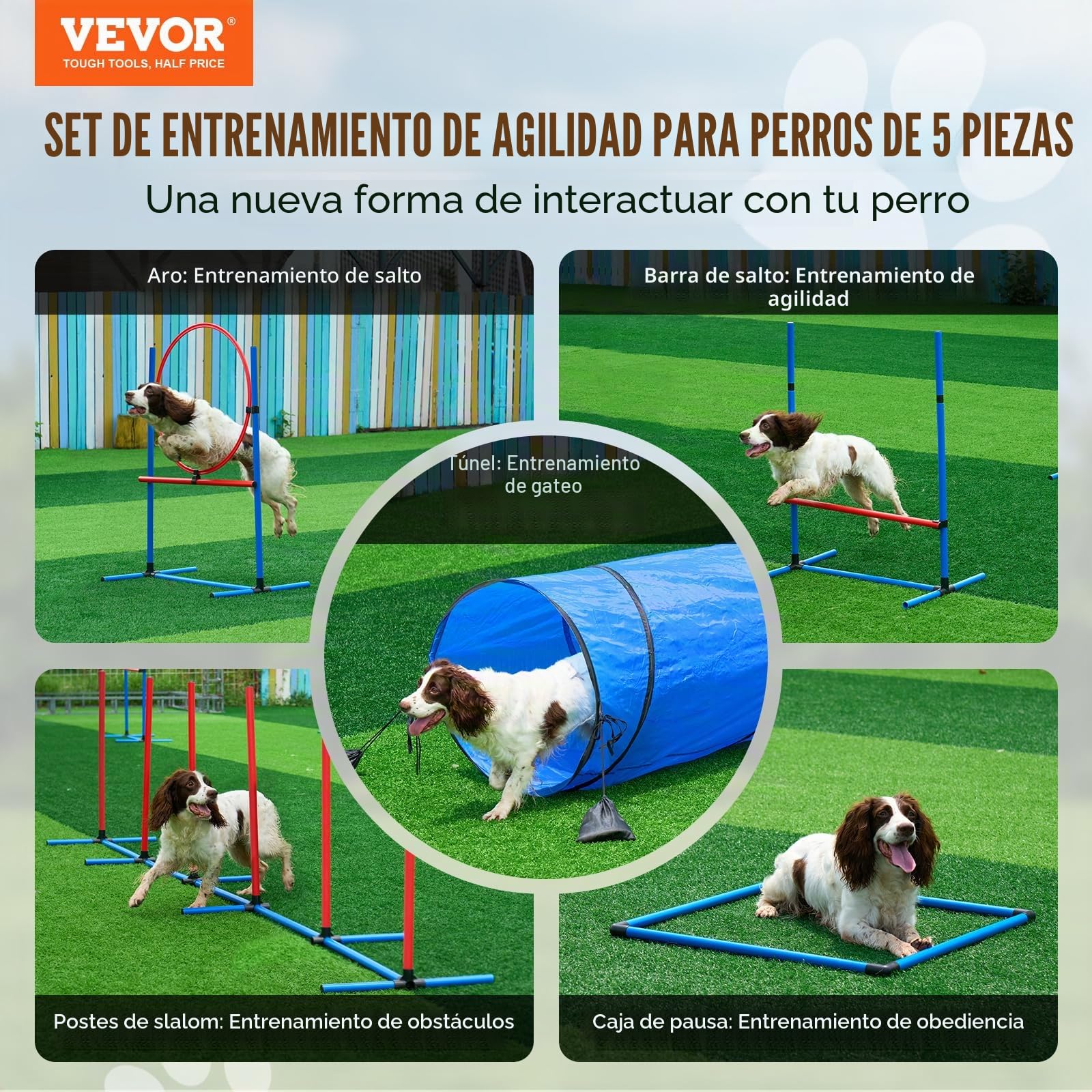 VEVOR Equipo de Entrenamiento de Agilidad para Perros 5 Piezas Carrera de Obstáculos para Cachorros con Vallas Altas Ajustables 6 Postes Túnel Anillo de Salto Caja de Descanso Silbato Cuenco Plegable