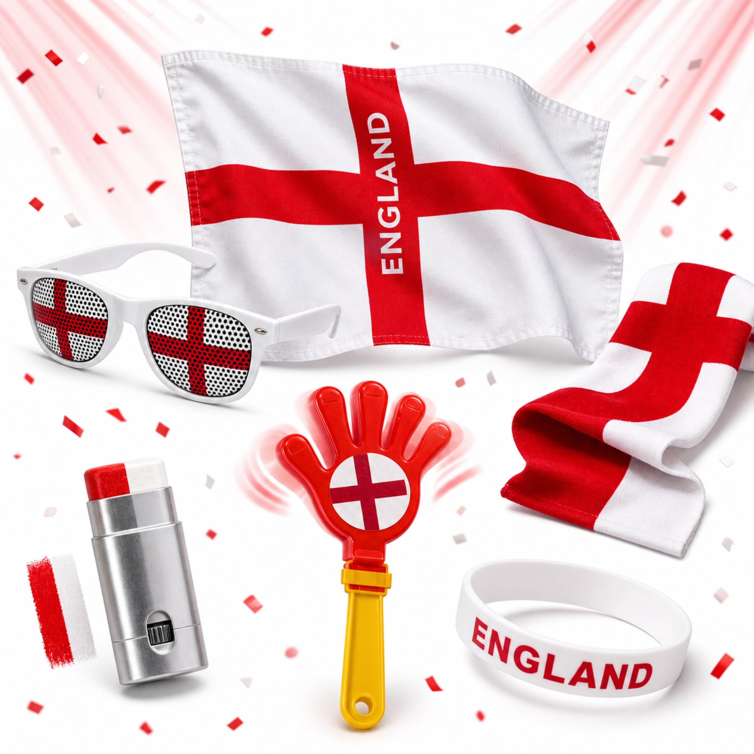 SGM England Fan Kit 6-Piece Supporter Set – England Flag, Sunglasses, Scarf, Hand Clapper, Face Paint & Wristband – St George's Cross Football Euros World Cup Party Accessories 2600-2