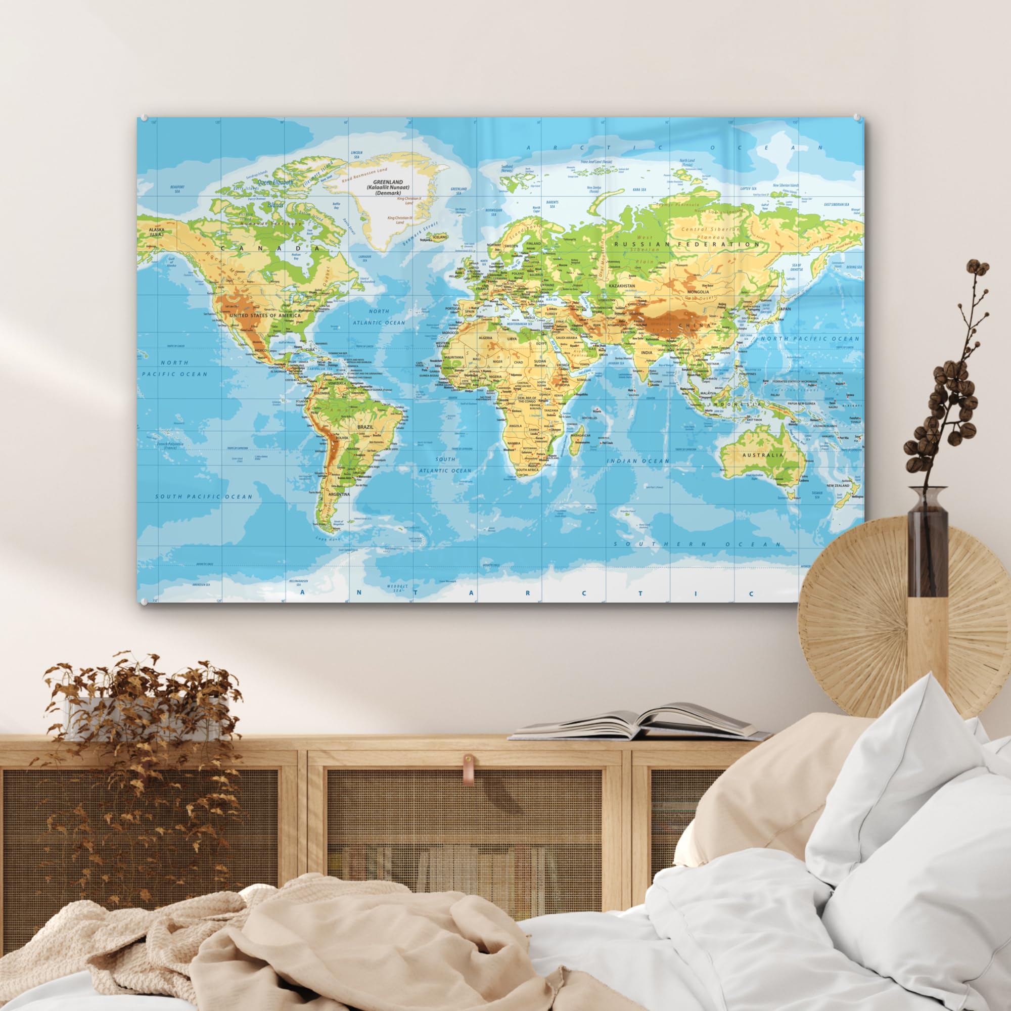 MuchoWow© Quadri Grande Formato 120x80 cm Mini Poster Parete Moderno Interno Stampa Foto Su Vetro Salotto Cornice Murale Arredamento Mappa del mondo - Statistica - Blu - Terra - Educativo