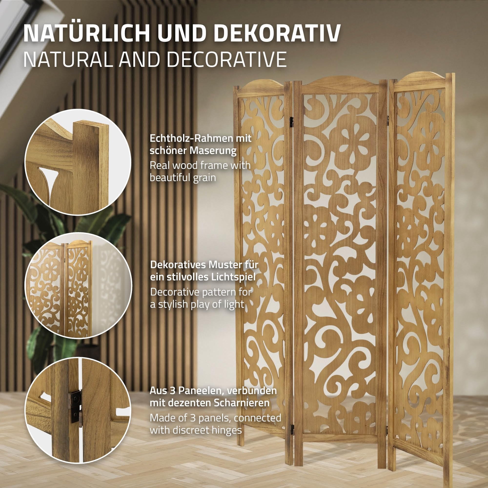ML-Design Paravent Intérieur Yokohama, Naturel, 172x121 cm, en Bois, à 3 Panneaux Pliables, Cloison de Séparation Décorative Séparateur de Pièce Diviseur Écran d'Intimité Vestiare Protection Visuelle