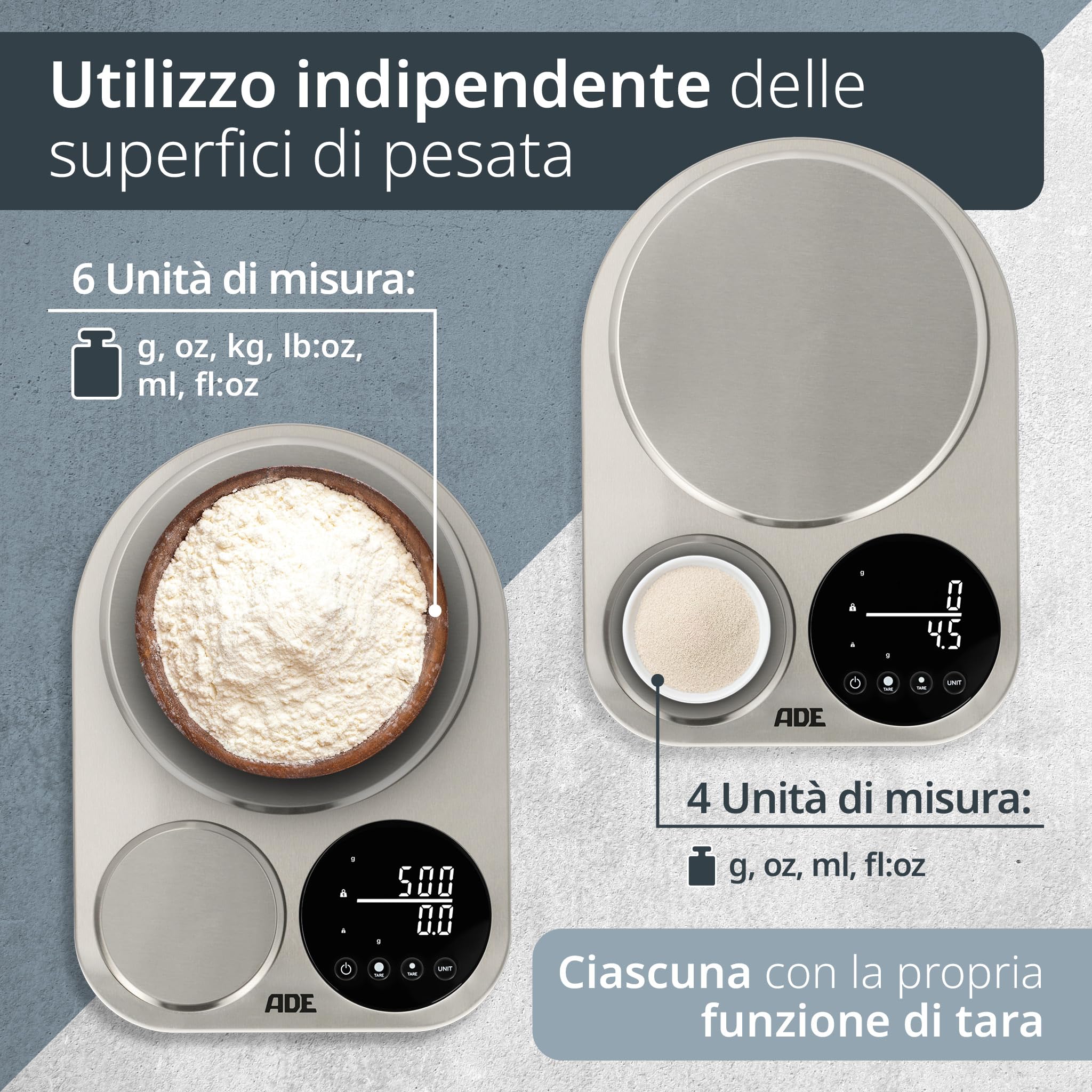 ADE Bilancia da cucina digitale con 2 piattaforme 5kg/1g & 500g/0,1g | bilancia a precisione accurata fino a 0,1 g | bilancia fine per la cucina | capacità 5 kg