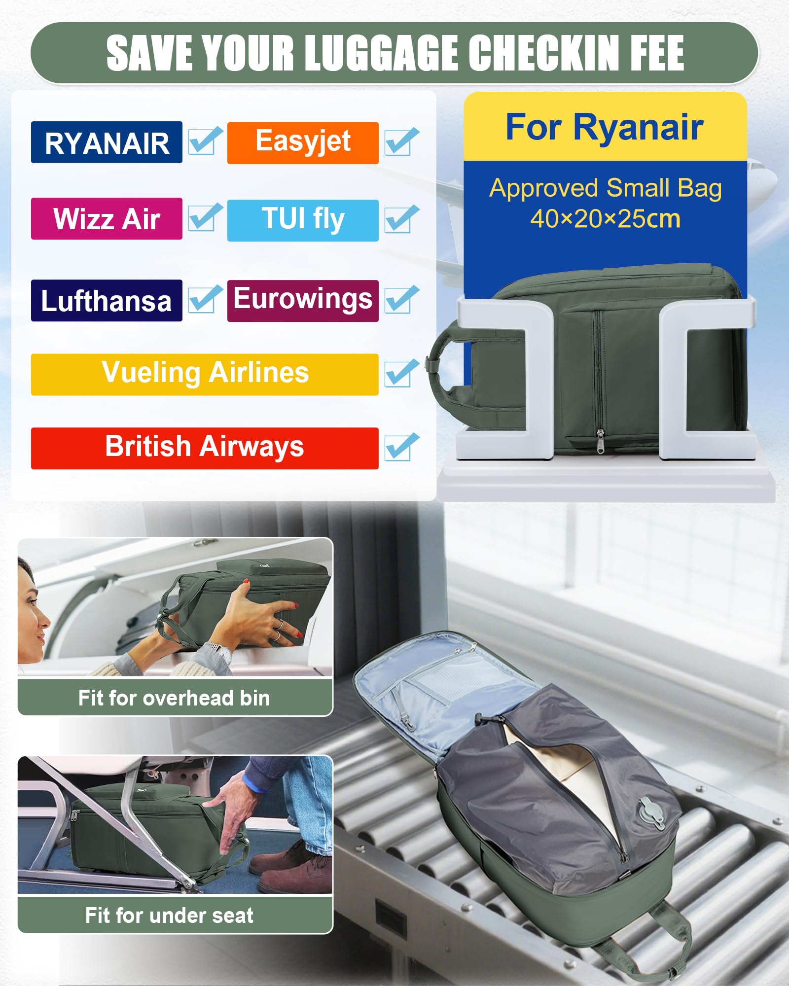 BJLFS Zaino da Viaggio con Sottovuoto Ryanair 40x30x20 Wizzair Bagaglio a mano 40x20x25 Ryanair con Pompa Borse da Cabina per Easyjet 45x36x20 con compressione sottovuoto,Zaino Casual per Laptop