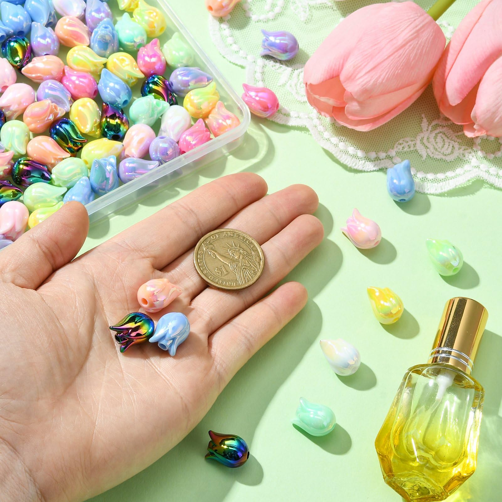 UR URLIFEHALL 100 Pcs Iridescent Acrylic Tulip Flower Beads Colourful Flower Shaped Beads for Jewellery Making Crafts Phone Home Decor - Image 4