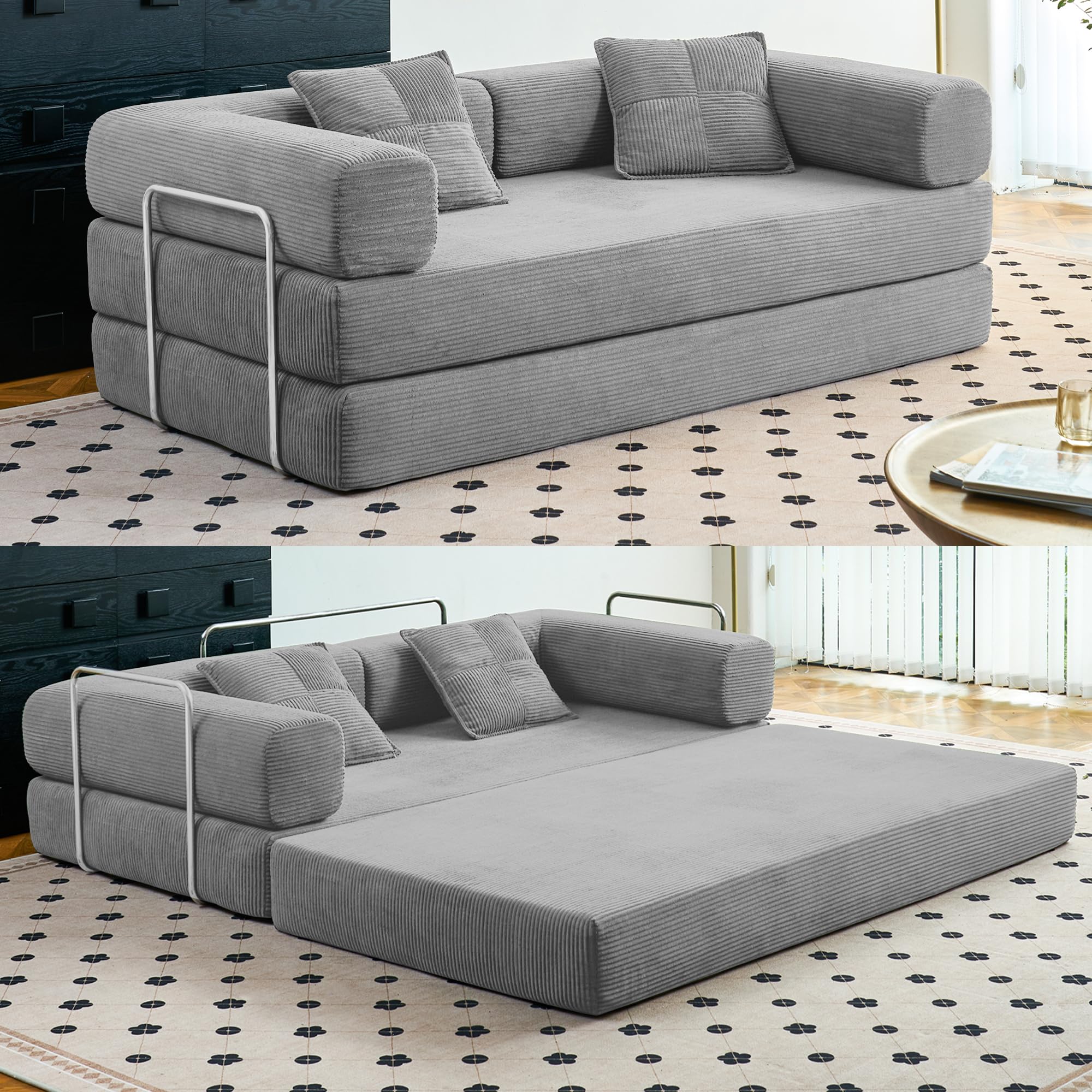 Compression Sofa - 78''Convertible Floor Sofa Bed - with Pillow Back Support Armrest - Comfy Foldable Sofa Bed Compressed Sofa in Box - Corduroy Fabric - for Living Room Bedroom(Grey)