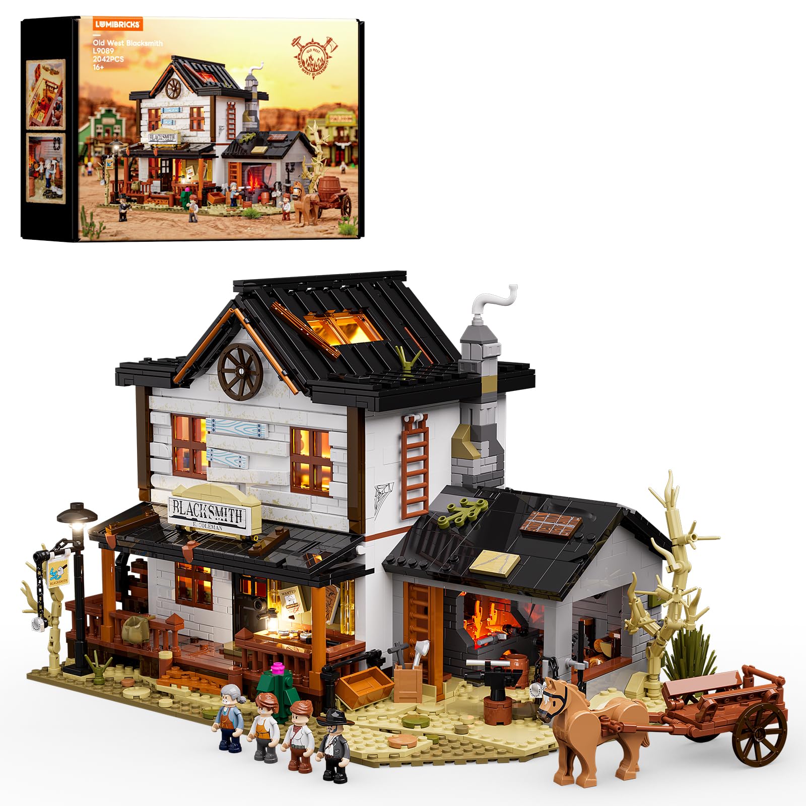 Lumibricks Western Blacksmith Shop Building Kit 2042pcs | Light-Up Model with LED & Forge Fire Effect | Collectable Wild West Architecture Set for Adults | Gift & Display Piece