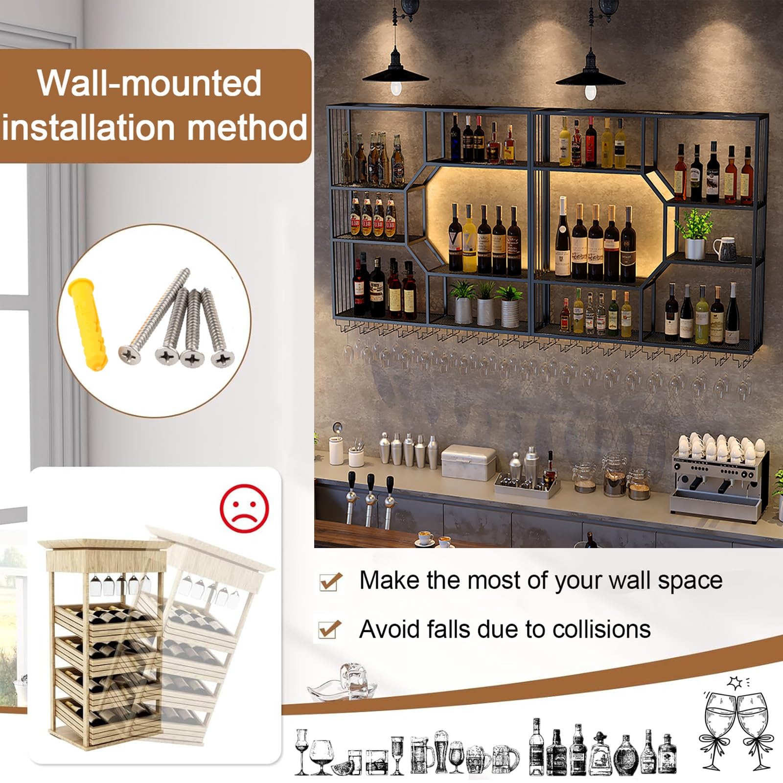 Botellero de metal montado en la pared con luz LED, estante de hierro para licor y soporte de vidrio, gran almacenamiento flotante para cocina y sala de estar, estante de exhibición de botellas negro