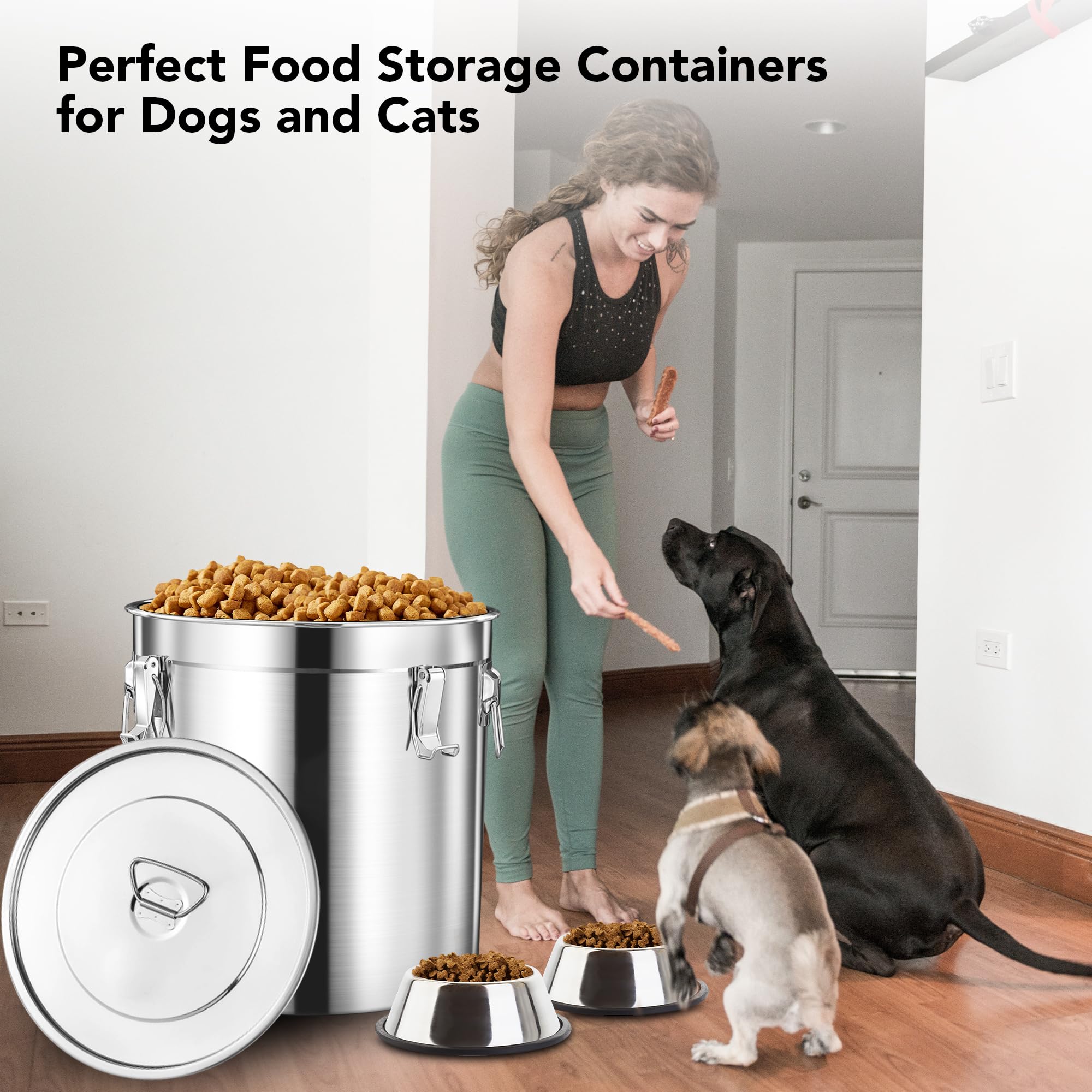 Newget Hundefutter Vorratsbehälter, Groß Edelstahl Tierfutter Vorratsbehälter 38lb / 17kg zum Frischhalten, Metall Luftdichte Katzenfutterbehälter mit Schaufel und 2 Kleine Behälter