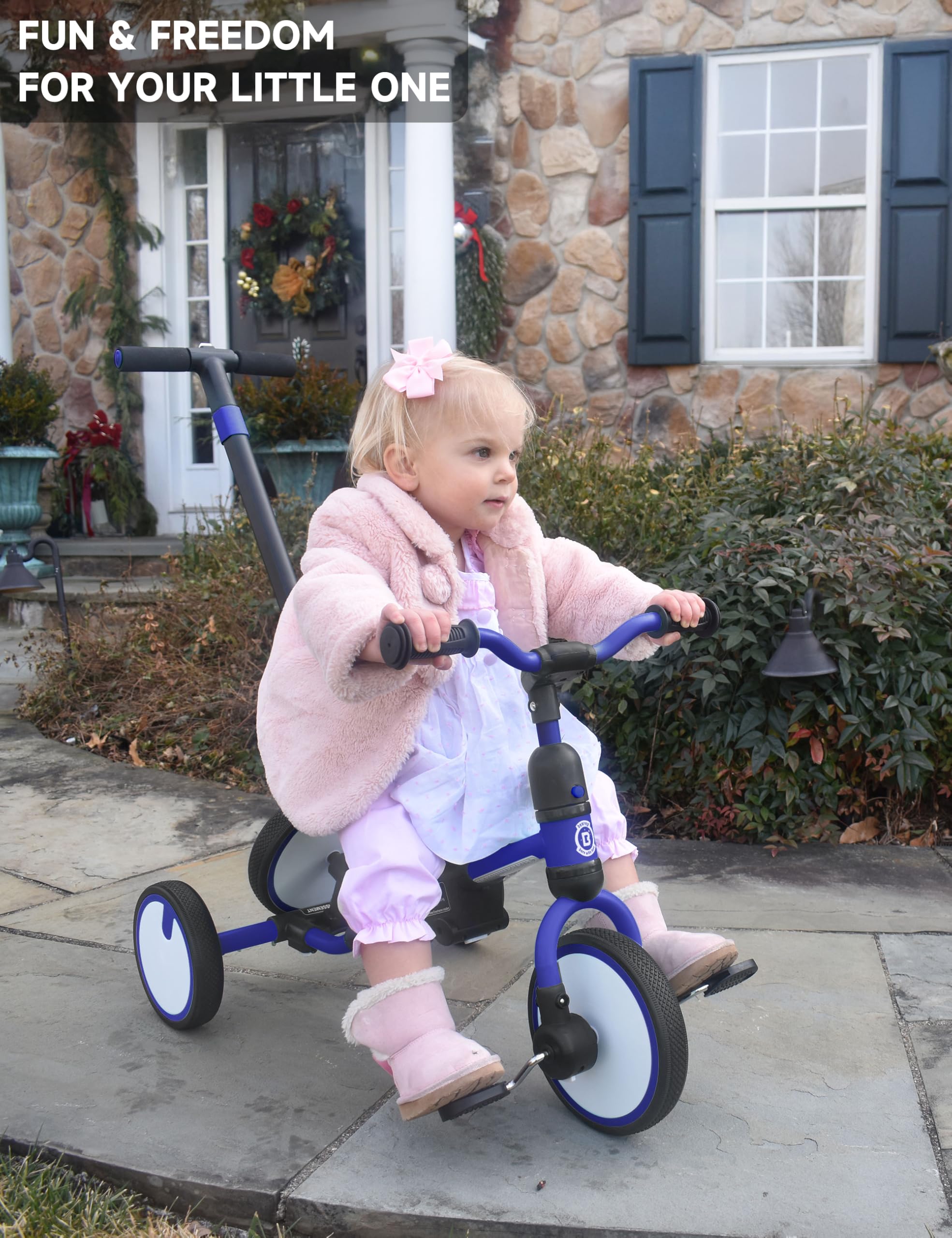 Besrey Triciclo Bambini 5 in 1 – Triciclo Evolutivo con Maniglione e Ruota di Scorta, Bici Senza Pedali per Bambini da 18 Mesi Dotato di Schienale e Cintura, Regalo Compleanno per Bambini (Blu scuro)