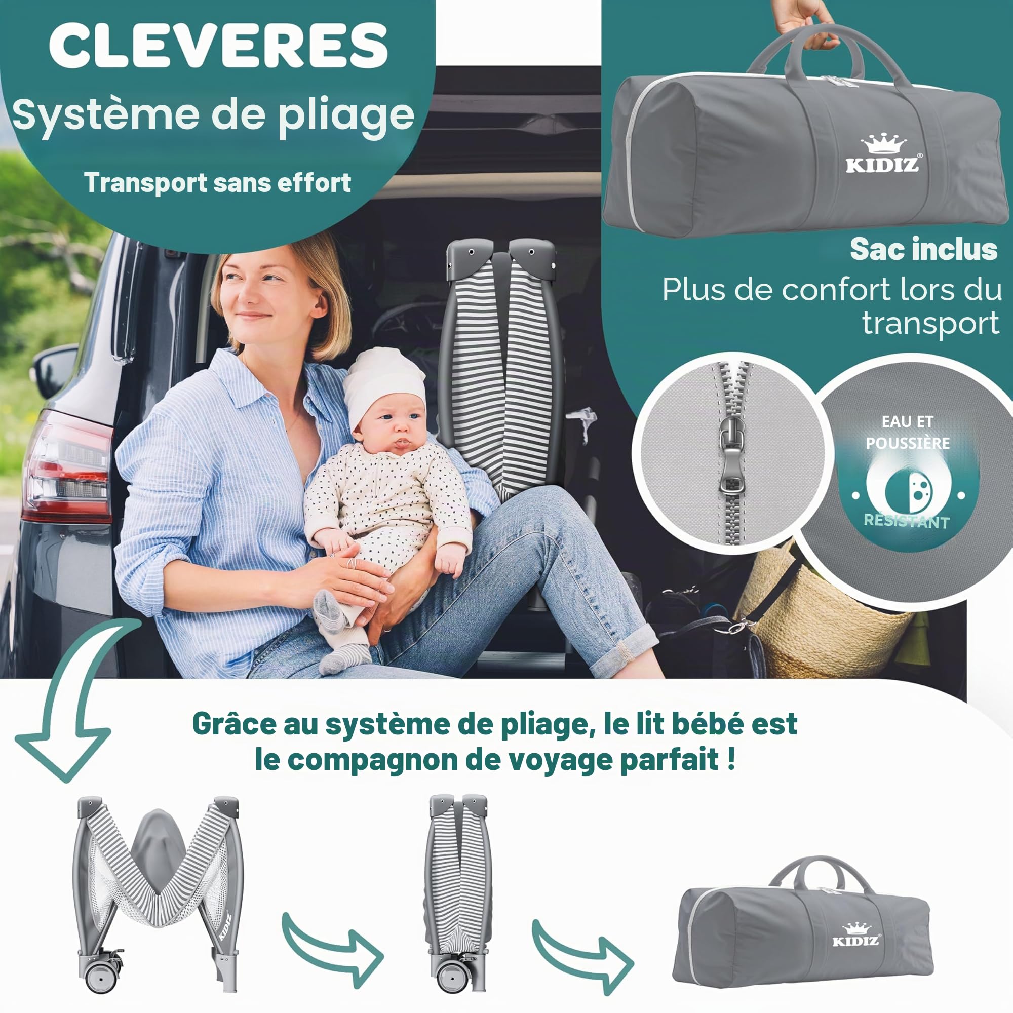 KIDIZ® Lit de Voyage 3 en 1 Parc Pliable avec Matelas à Langer, Moustiquaire, Gris de la Naissance à 15 kg