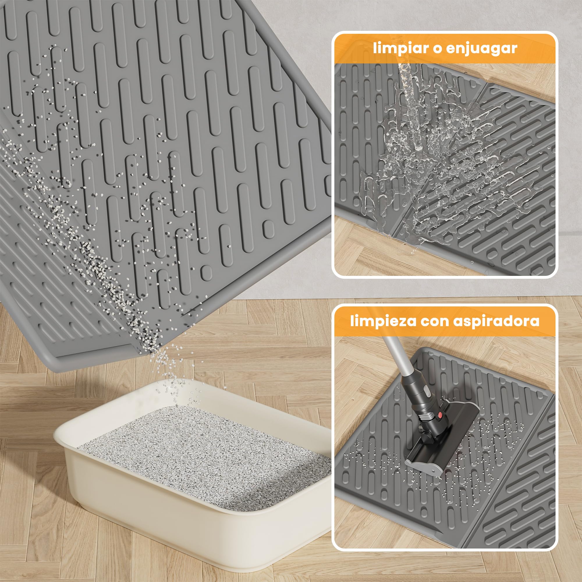 Pieviev Alfombra Gatos Arenero, 61x43cm Alfombrilla Arenero Gato de EVA, Esterilla Lavable para Caja de Arena - Recolección Eficiente, Gris