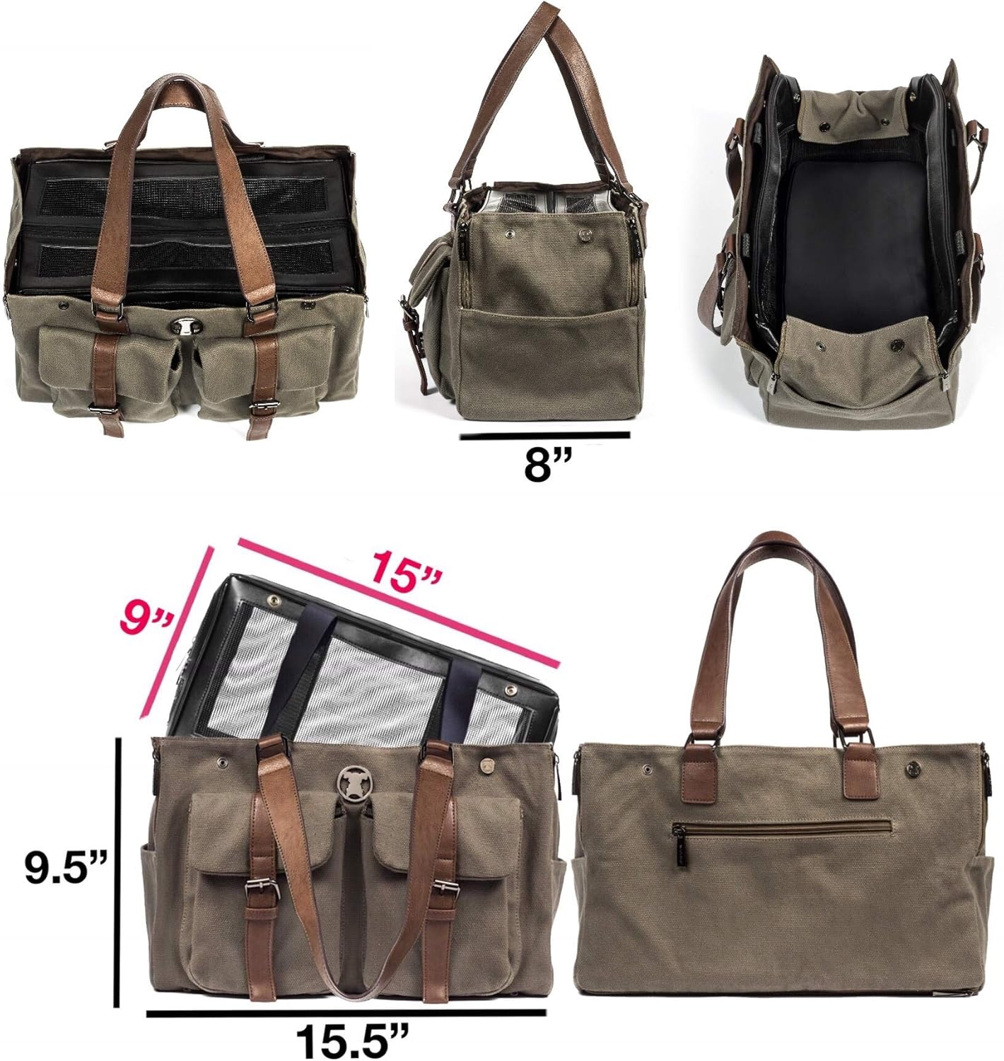 Weekend Green Canvas Interchangeable Airline Approved Pet Carrier Combo with Pockets for Small Dogs (Pet Carrier Base & Shell Tote)