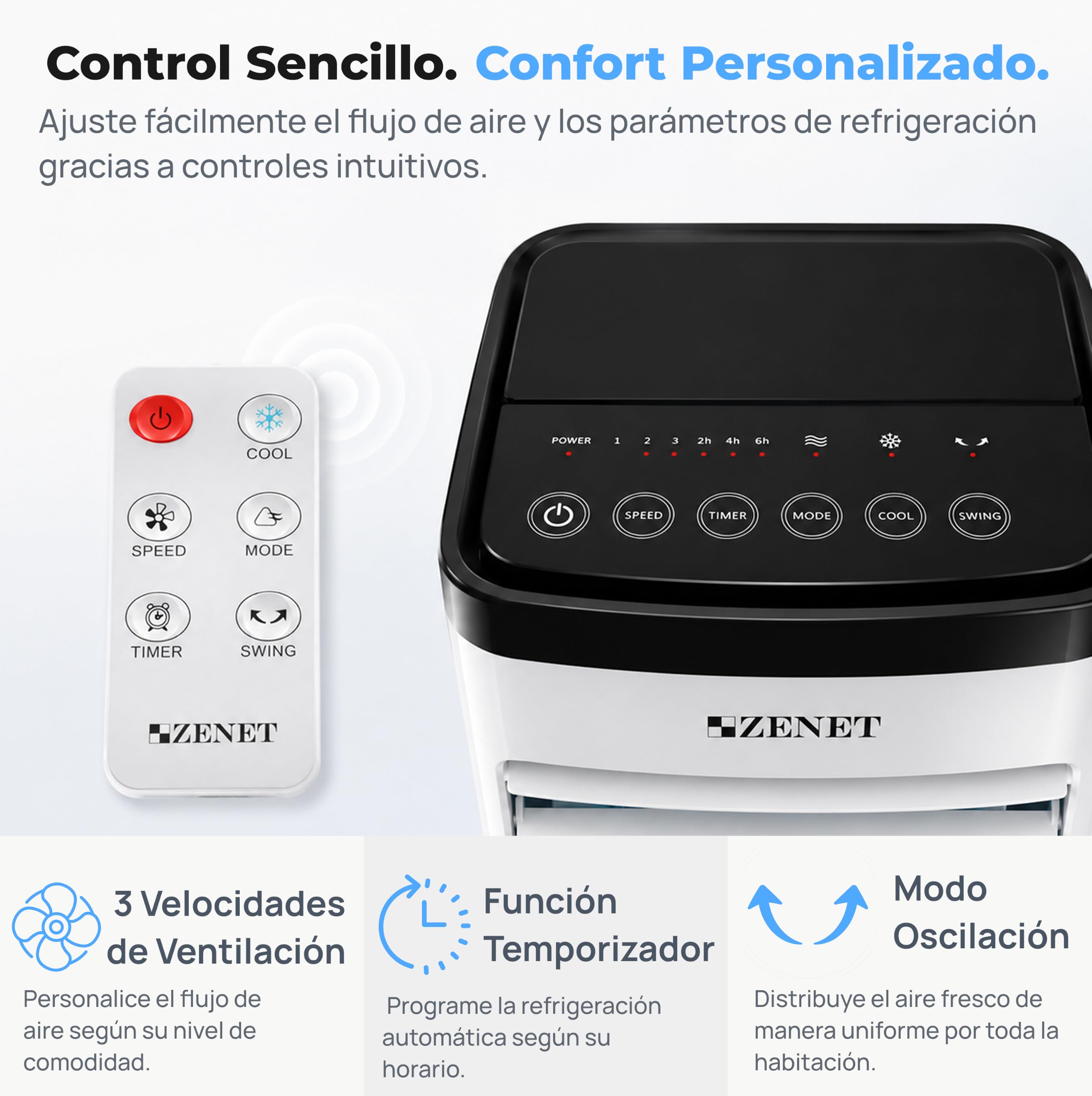 ZENET Aire Acondicionado Portátil 4 en 1, Climatizador Evaporativo 3.5L 65W | Ventilador con Agua, Enfriador, Humidificador, Purificador de Aire, Silencioso, Mando, para Hogar y Oficina, Sin Instalación