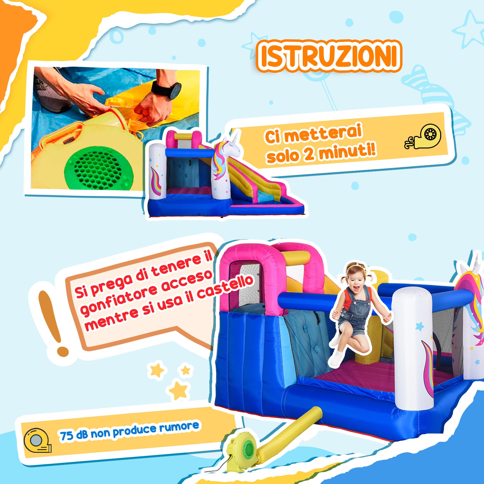 Outsunny Castello Gonfiabile per Bambini 4 in 1 con Trampolino, Scivolo, Piscina, Canestro Basket, Gonfiatore, Borsa da Trasporto, Tema Unicorno, Gioco Gonfiabile per 3 Bambini 3-8 Anni, 360x305x210cm