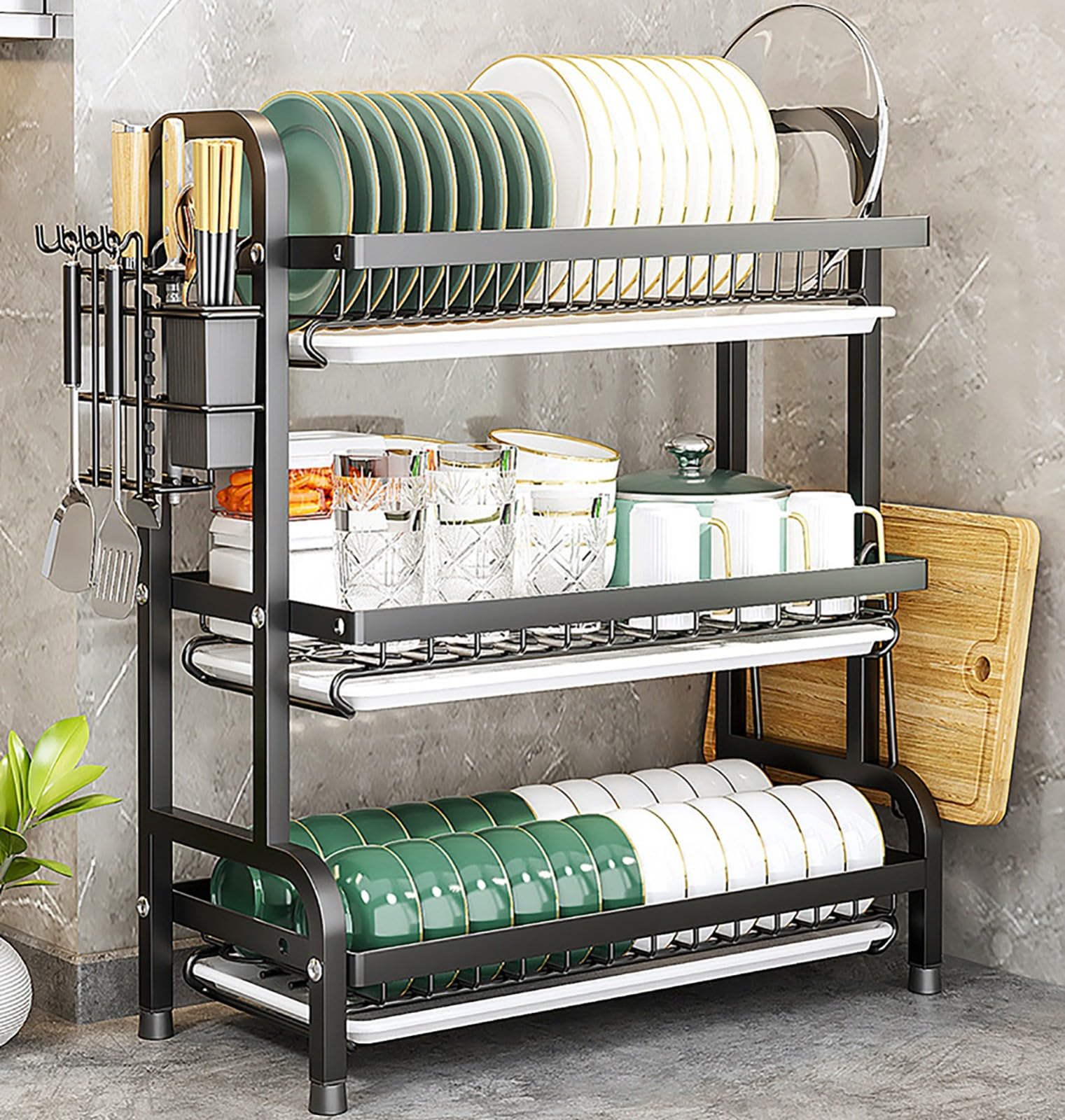 FLYIODFCXV drain rack, 3 Tier Dish Drainer with Drip Tray and Mat(1)