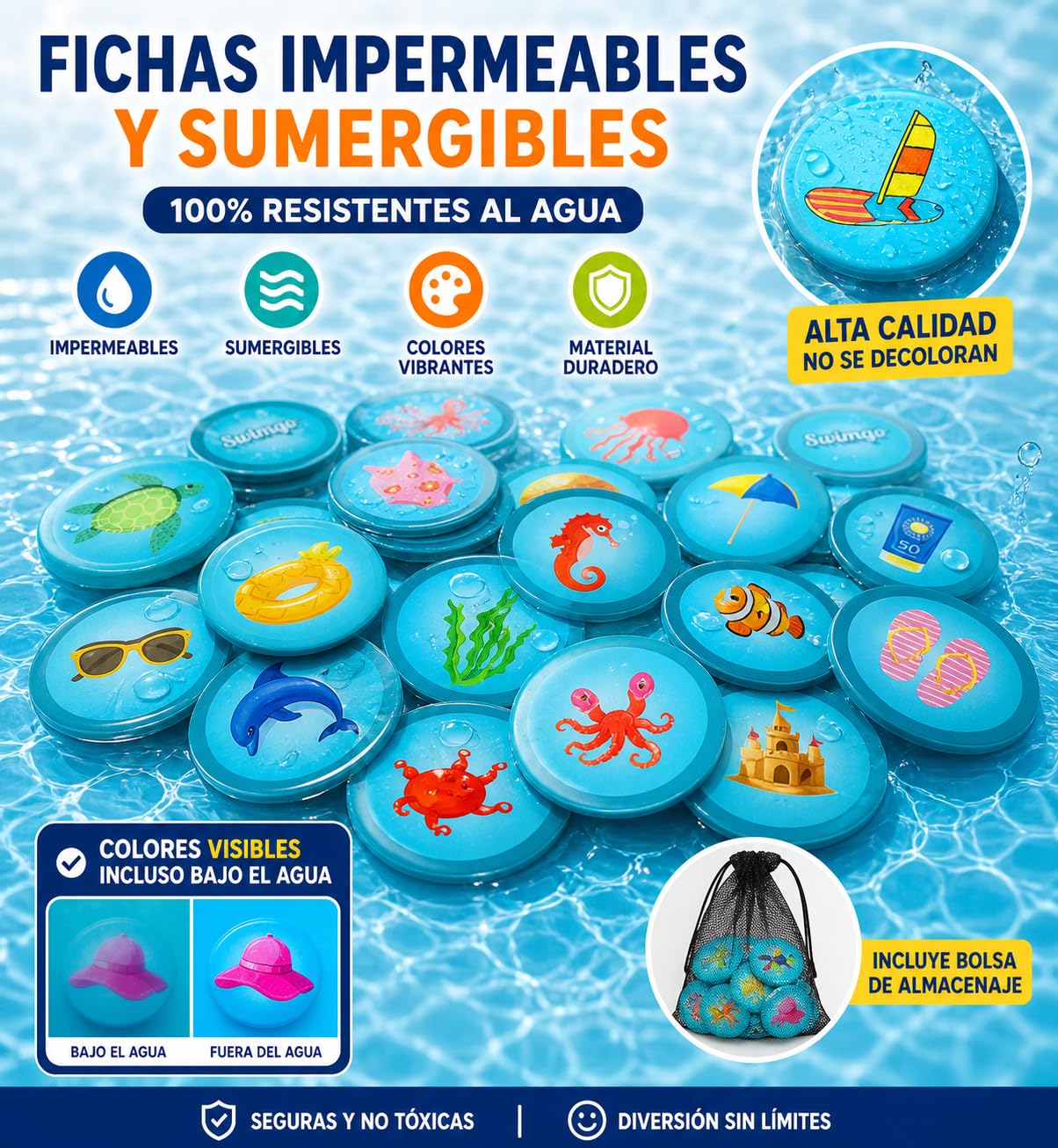 Genérico SWIMGO Juguetes de Buceo para Piscina – 45 Fichas Sumergibles + 5 Cartas Impermeables, Juego Acuático Divertido para Niños y Adolescentes, Diversión en Piscina para Toda la Familia