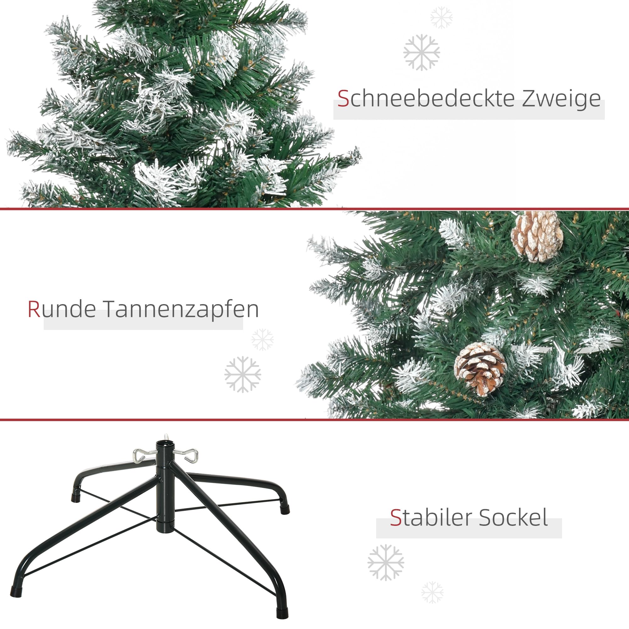 HOMCOM Künstlicher Weihnachtsbaum 180 cm Kieferbaum mit 59 Zapfen Schnee | 1111 Spitzen, Christbaum, Weihnachtsdeko, Inkl. Metallständer, für drinnen